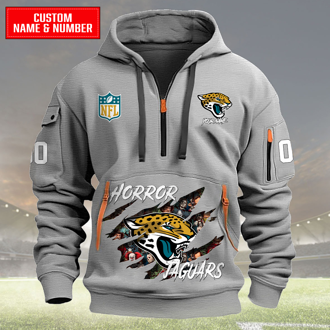 Jacksonville Jaguars Halloween Horror Collection Personalize Quarter Zip Hoodie AZCAQZH000024 - Famjoys Jacksonville Jaguars Halloween Horror Collection Personalize Quarter Zip Hoodie AZCAQZH000024 - Famjoys