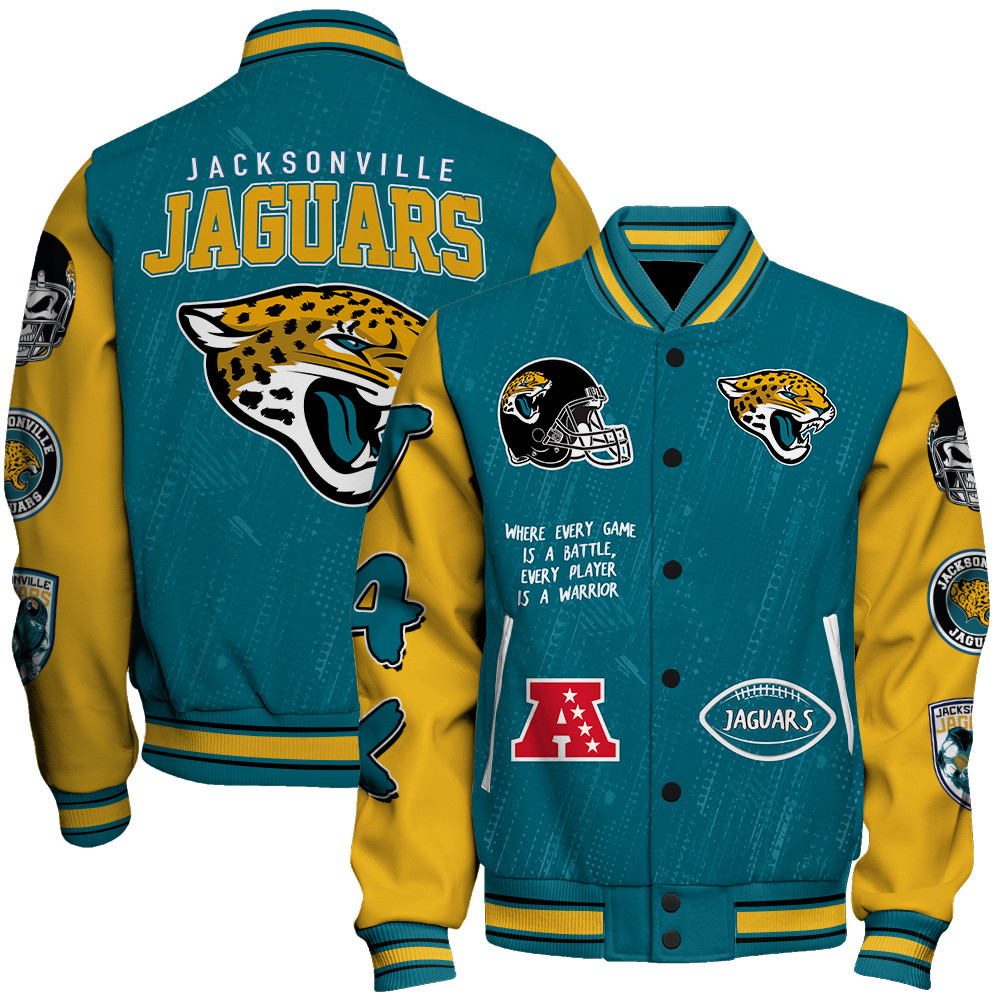 Jacksonville Jaguars National Football League Conquer Every Field Unisex Varsity Jacket - Famjoys Jacksonville Jaguars National Football League Conquer Every Field Unisex Varsity Jacket - Famjoys
