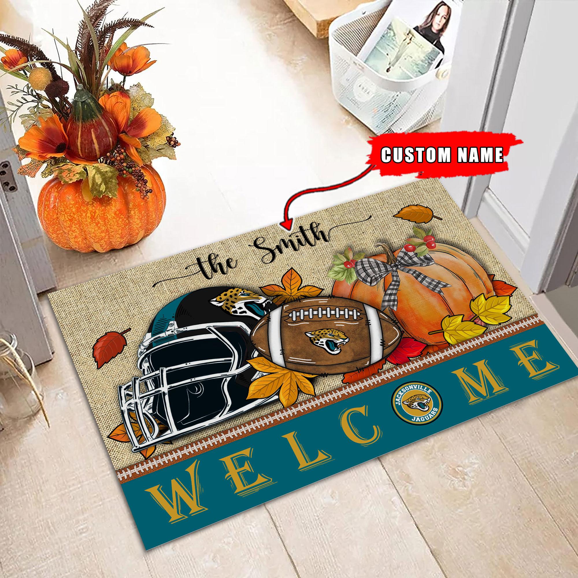 Jacksonville Jaguars Welcome Fall Football Doormat - Famjoys Jacksonville Jaguars Welcome Fall Football Doormat - Famjoys