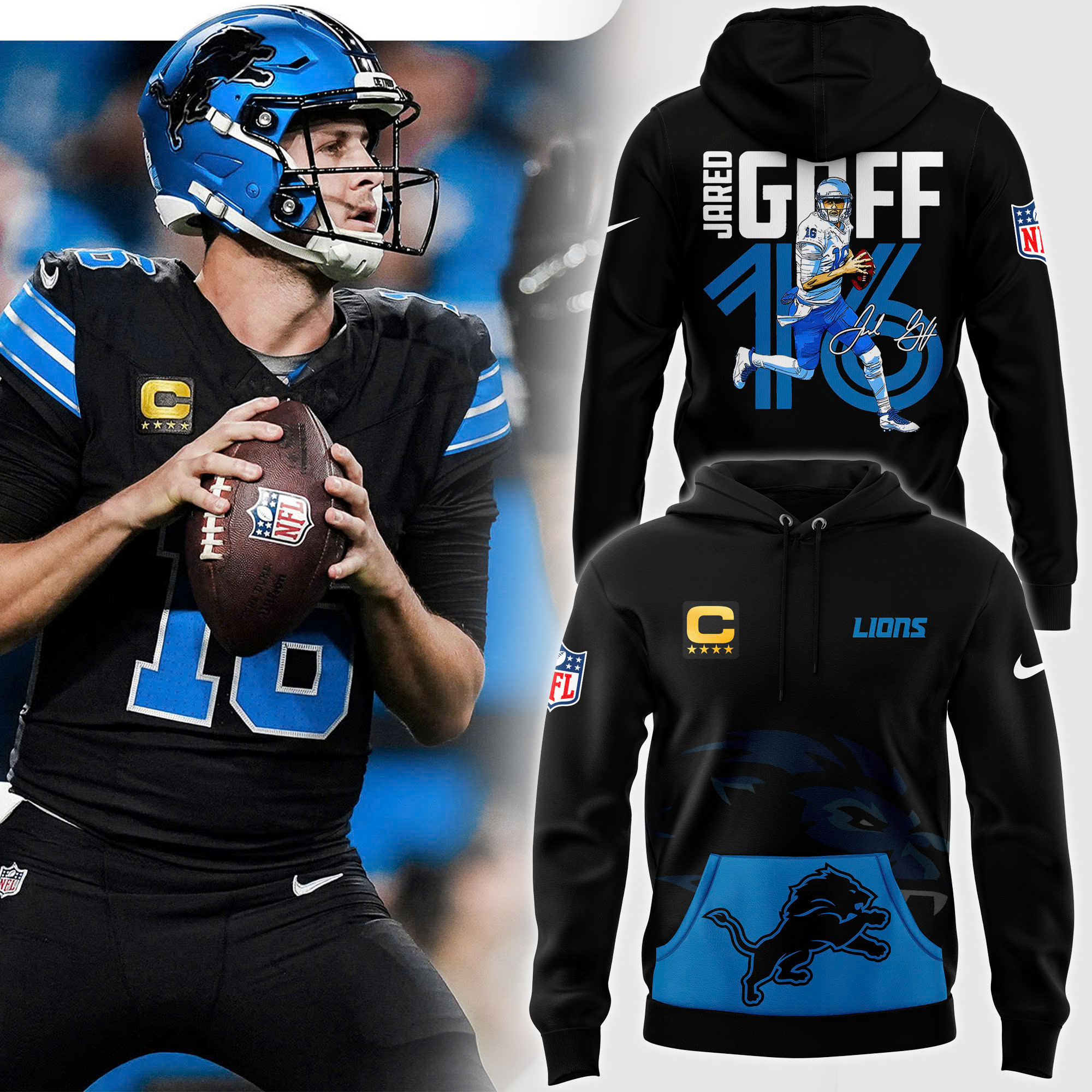 Jared Goff Black Detroit Lions Alternate Helmet Pullover Hoodie - Famjoys Jared Goff Black Detroit Lions Alternate Helmet Pullover Hoodie - Famjoys