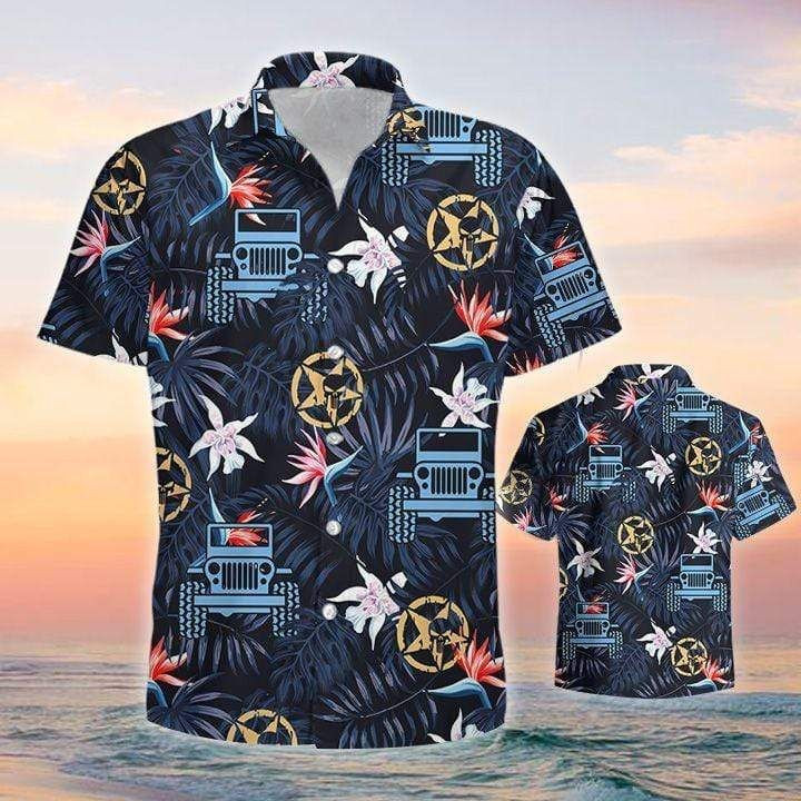 Jeep Car Star Navy Black Tropical Aloha Hawaiian Shirts - Famjoys Jeep Car Star Navy Black Tropical Aloha Hawaiian Shirts - Famjoys