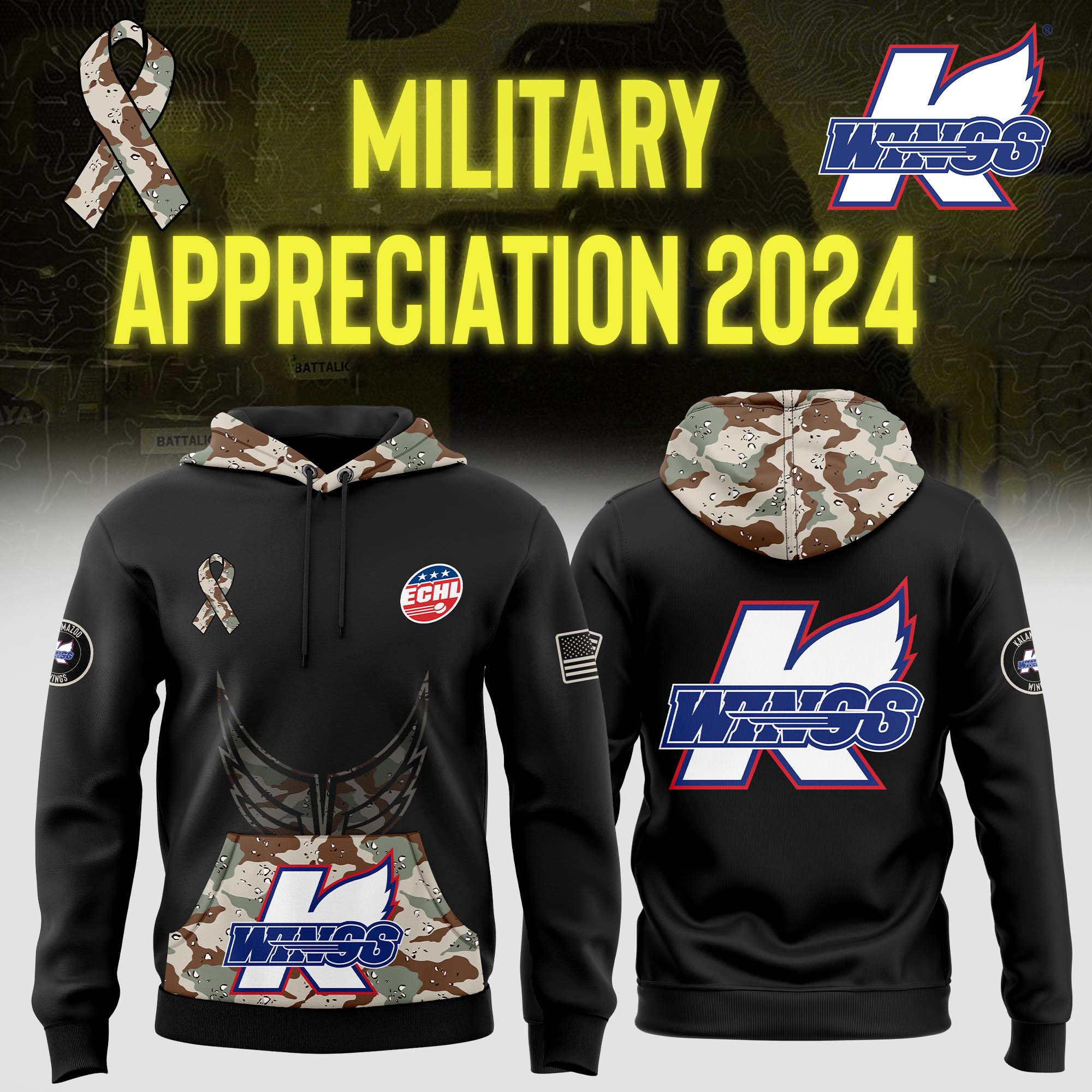 Kalamazoo Wings Arctic Camo Salute to Service Club Fleece Pullover Hoodie - Famjoys Kalamazoo Wings Arctic Camo Salute to Service Club Fleece Pullover Hoodie - Famjoys