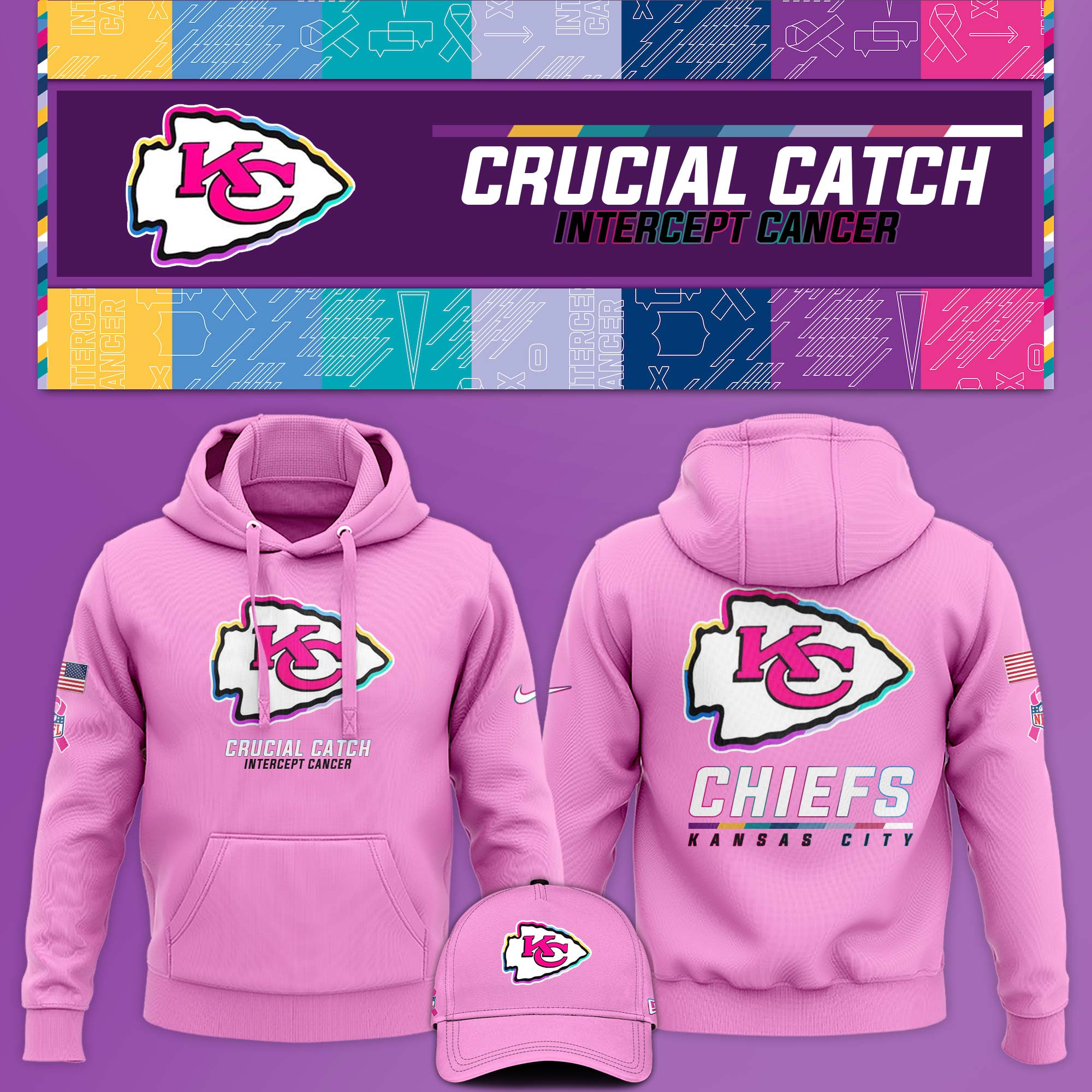 Kansas City Chief Crucial Catch Hoodie V1 Pink - Famjoys Kansas City Chief Crucial Catch Hoodie V1 Pink - Famjoys