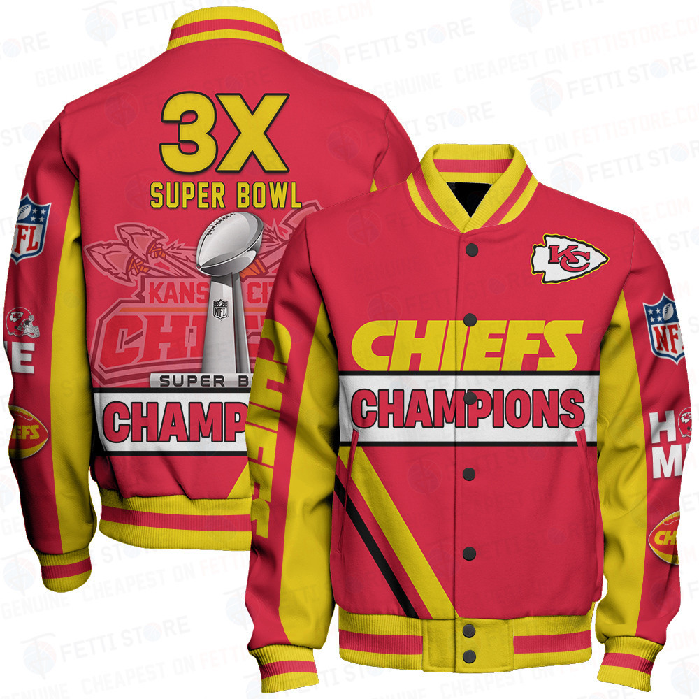 Kansas City Chiefs 3X Super Bowl Champions Design Varsity Jacket - Famjoys Kansas City Chiefs 3X Super Bowl Champions Design Varsity Jacket - Famjoys