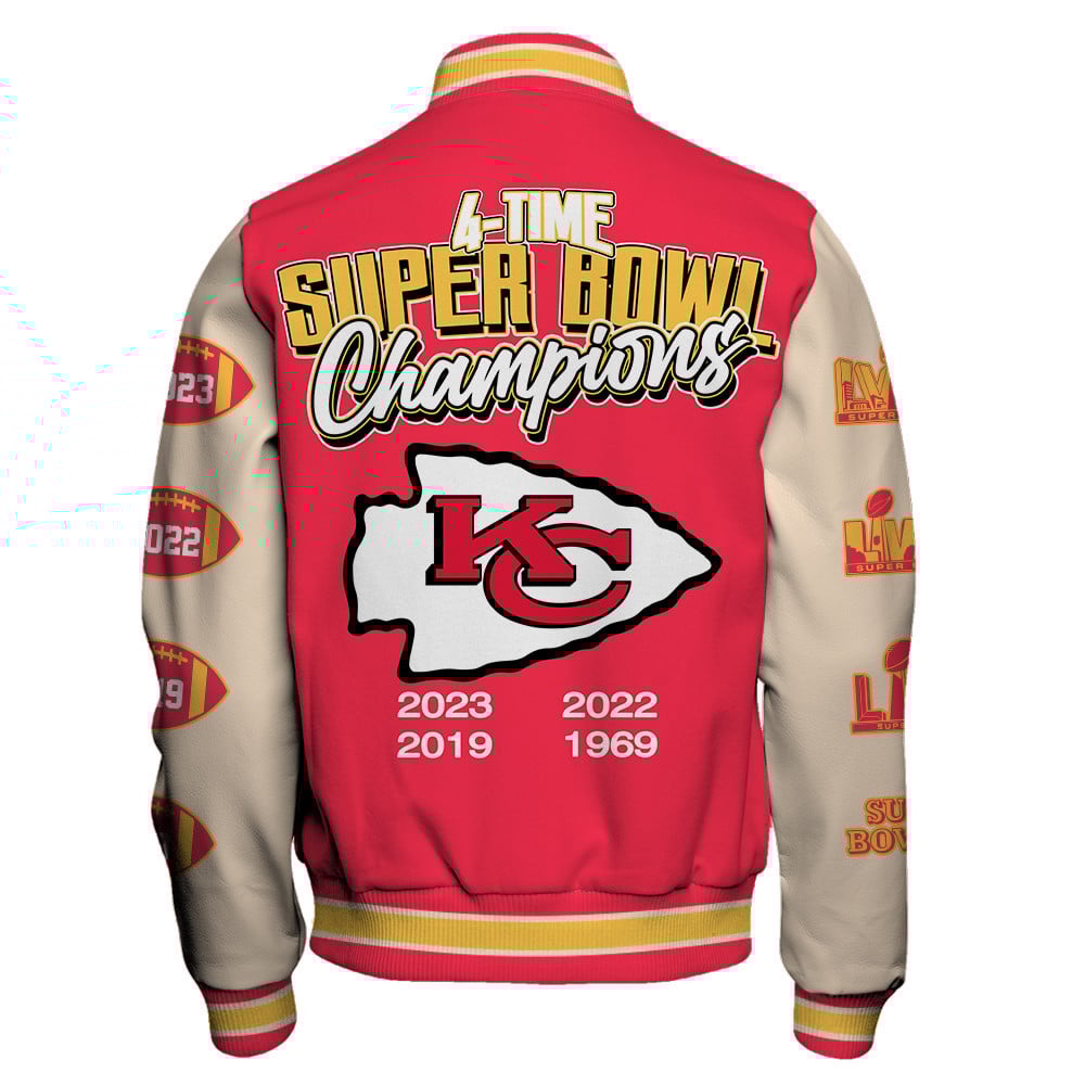 Kansas City Chiefs 4x Super Bowl Champions Unisex Varsity Jacket SFAT V13 - Famjoys Kansas City Chiefs 4x Super Bowl Champions Unisex Varsity Jacket SFAT V13 - Famjoys
