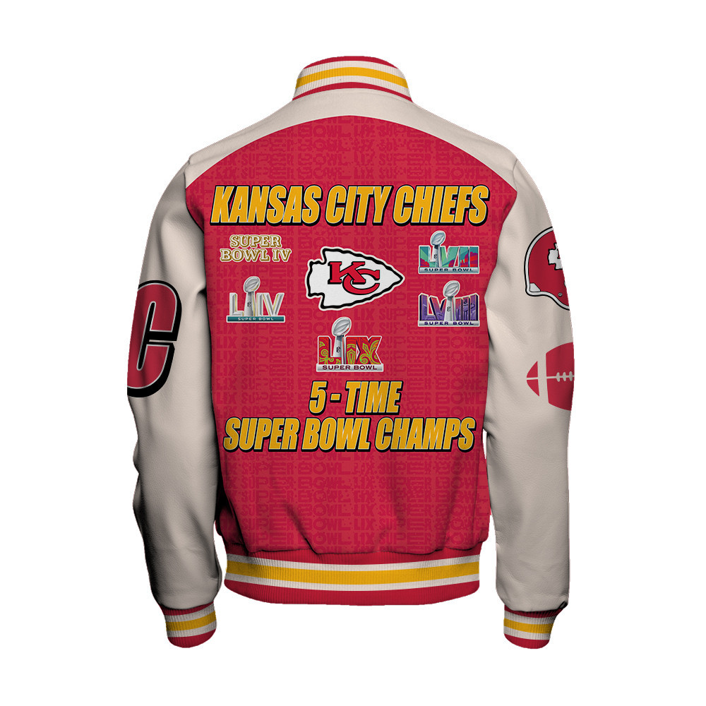 Kansas City Chiefs 5 - Time Super Bowl Champions Varsity Jacket - Famjoys Kansas City Chiefs 5 - Time Super Bowl Champions Varsity Jacket - Famjoys
