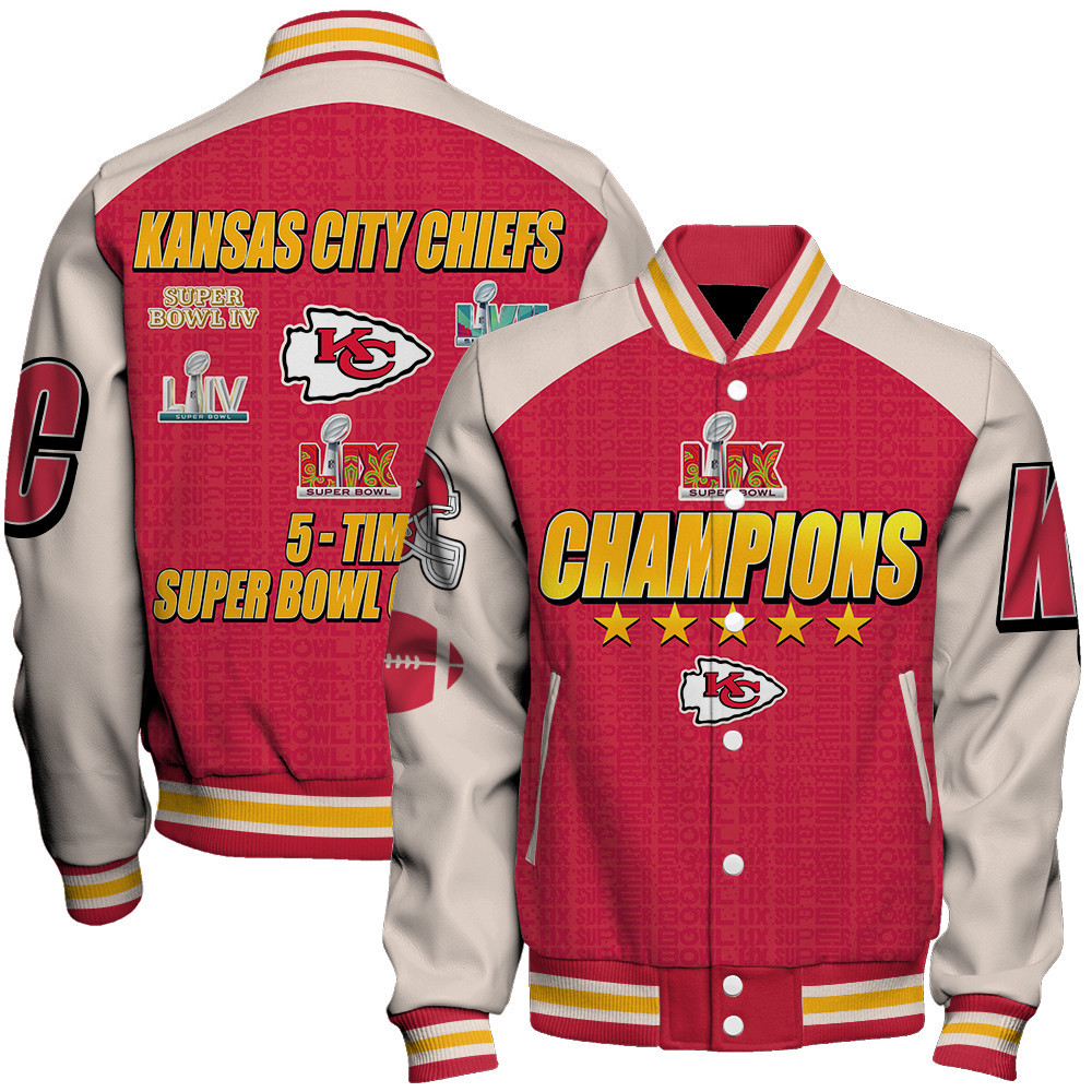 Kansas City Chiefs 5 - Time Super Bowl Champions Varsity Jacket - Famjoys Kansas City Chiefs 5 - Time Super Bowl Champions Varsity Jacket - Famjoys