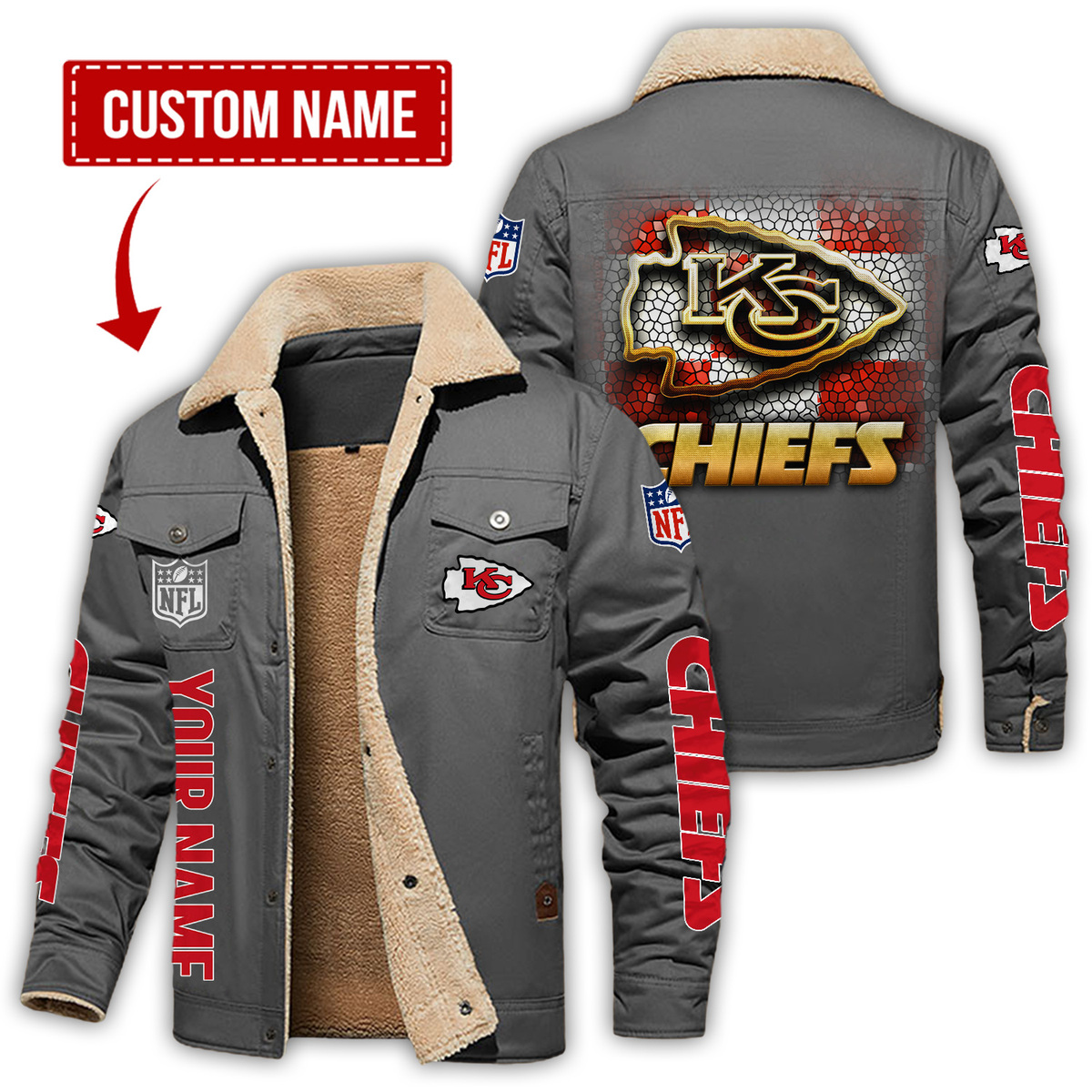 Kansas City Chiefs Checkered Background Style Personalized H111 Fleece Jacket SP06102316DS02 - Famjoys Kansas City Chiefs Checkered Background Style Personalized H111 Fleece Jacket SP06102316DS02 - Famjoys