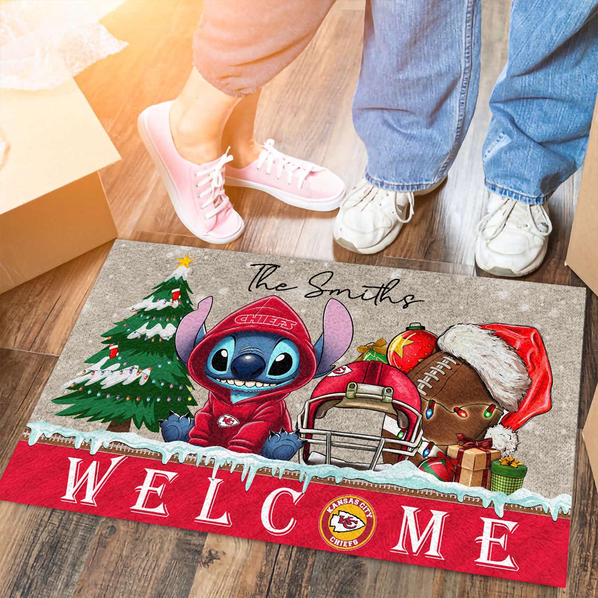 Kansas City Chiefs Cute Stitch Christmas Doormat - Famjoys Kansas City Chiefs Cute Stitch Christmas Doormat - Famjoys