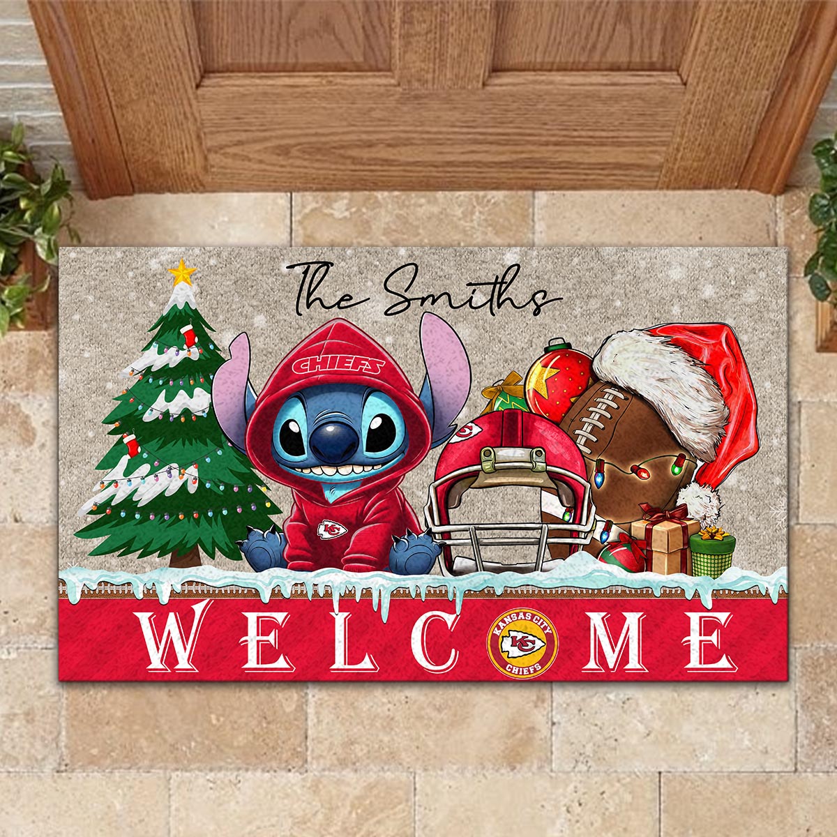 Kansas City Chiefs Cute Stitch Christmas Doormat - Famjoys Kansas City Chiefs Cute Stitch Christmas Doormat - Famjoys