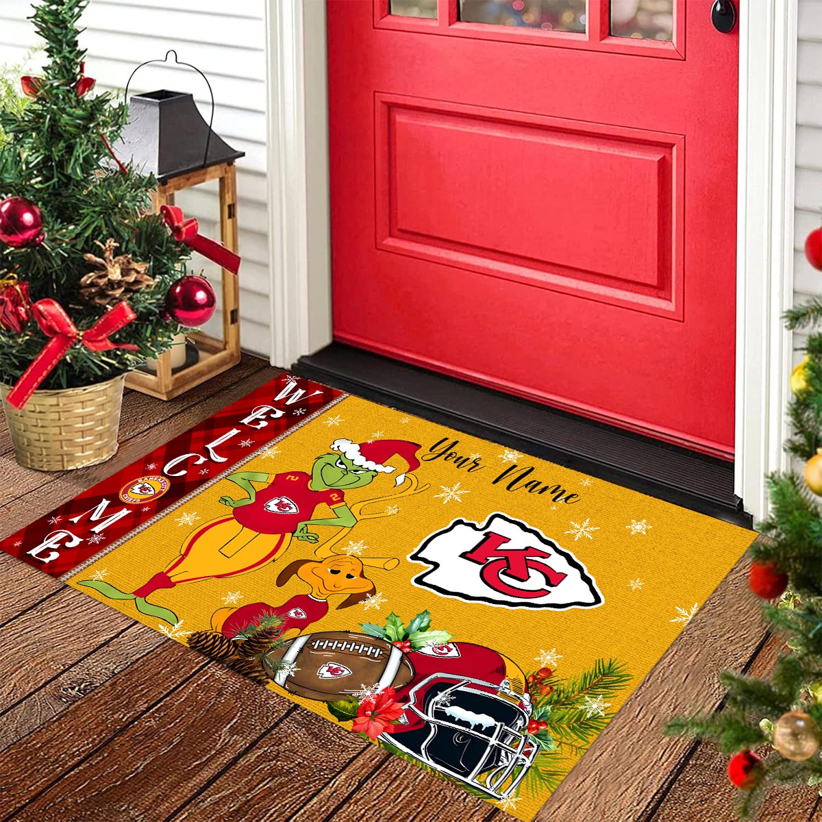 Kansas City Chiefs Grinch Christmas Welcome Football Doormat - Famjoys Kansas City Chiefs Grinch Christmas Welcome Football Doormat - Famjoys