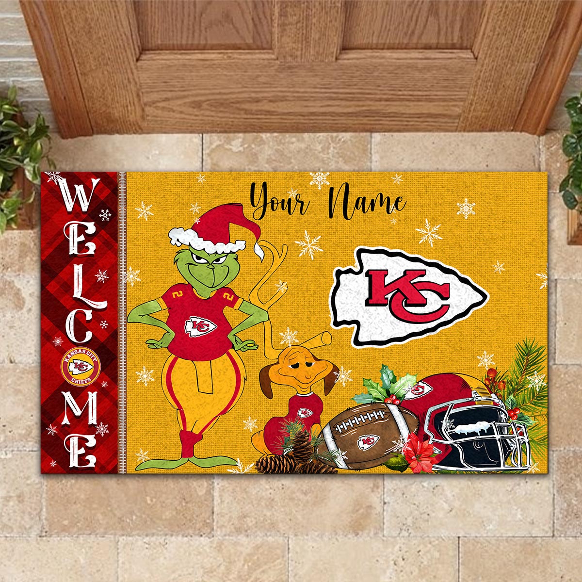 Kansas City Chiefs Grinch Christmas Welcome Football Doormat - Famjoys Kansas City Chiefs Grinch Christmas Welcome Football Doormat - Famjoys