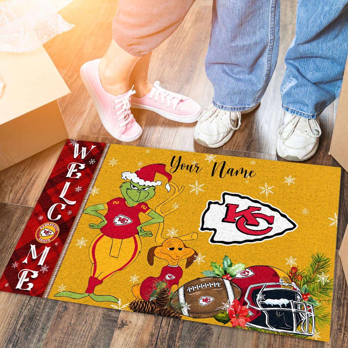 Kansas City Chiefs Grinch Christmas Welcome Football Doormat - Famjoys Kansas City Chiefs Grinch Christmas Welcome Football Doormat - Famjoys