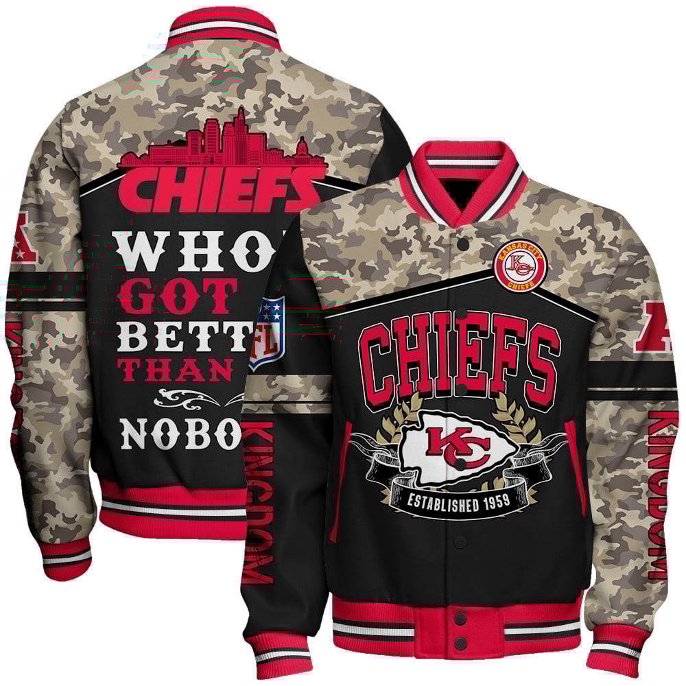 Kansas City Chiefs Kingdom National Football League Print Varsity Jacket - Famjoys Kansas City Chiefs Kingdom National Football League Print Varsity Jacket - Famjoys