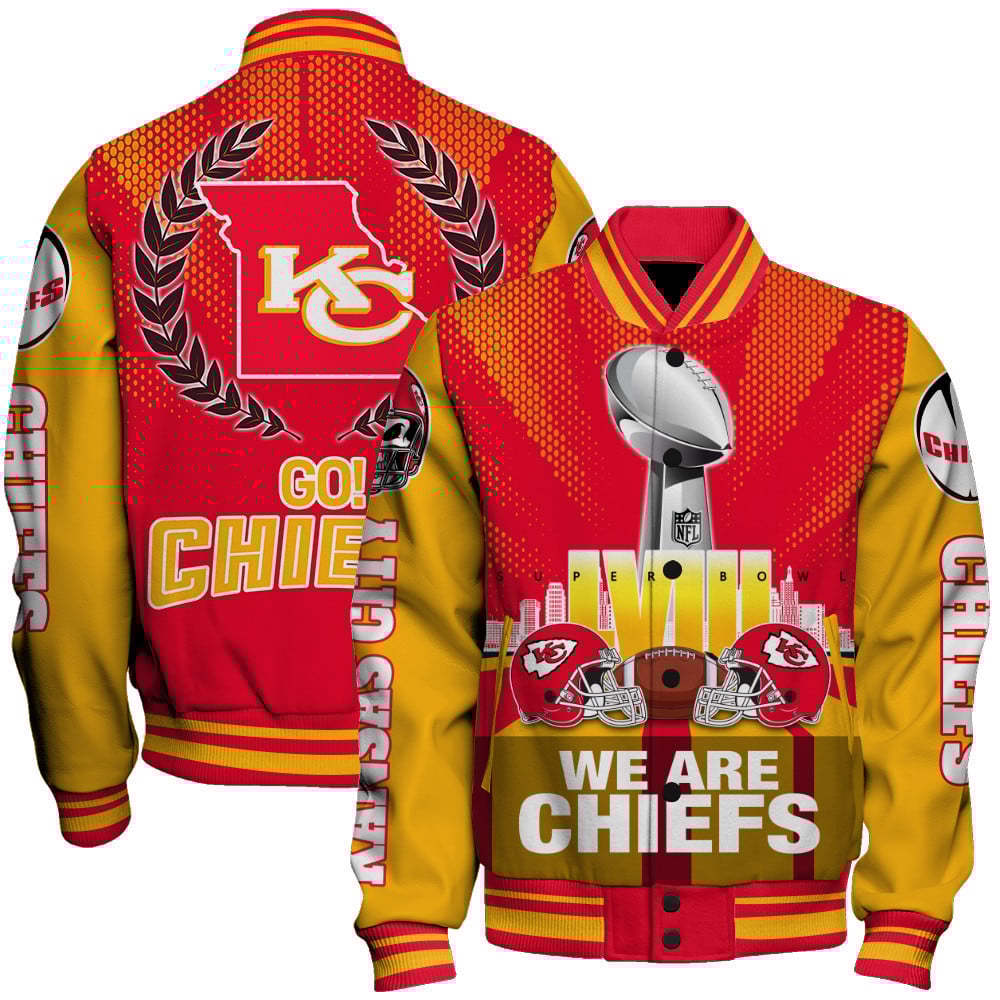 Kansas City Chiefs LVIII We Are Chiefs Varsity Jacket - Famjoys Kansas City Chiefs LVIII We Are Chiefs Varsity Jacket - Famjoys