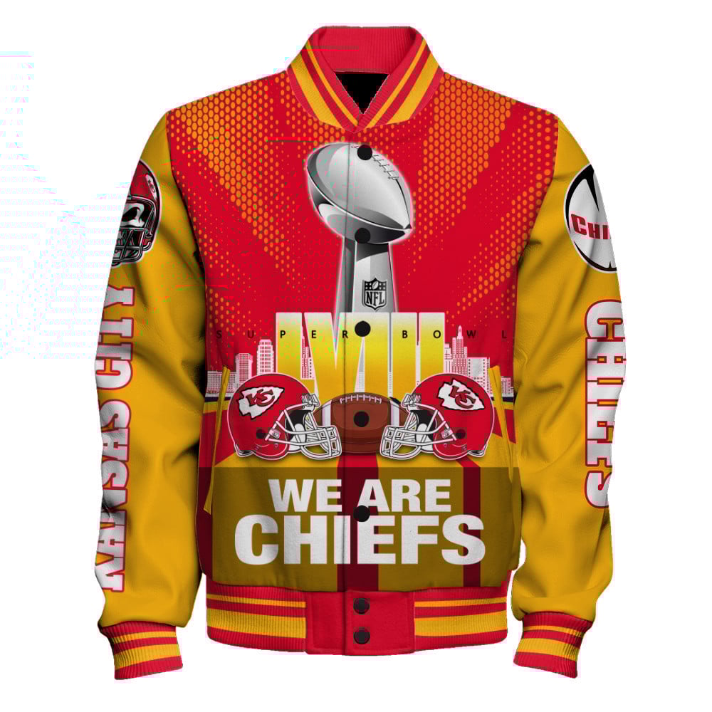 Kansas City Chiefs LVIII We Are Chiefs Varsity Jacket - Famjoys Kansas City Chiefs LVIII We Are Chiefs Varsity Jacket - Famjoys
