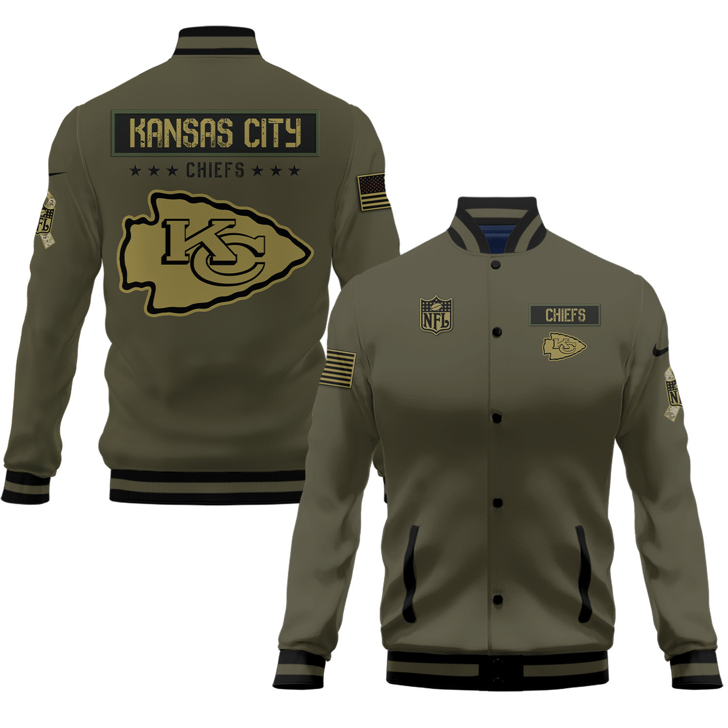 Kansas City Chiefs Salute To Service Club Baseball Jacket Varsity Jacket - Green - Famjoys Kansas City Chiefs Salute To Service Club Baseball Jacket Varsity Jacket - Green - Famjoys