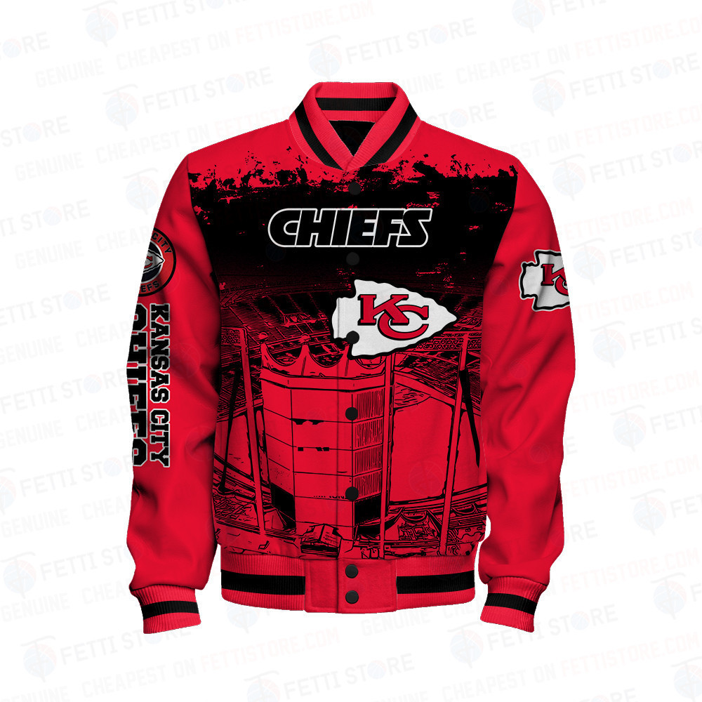 Kansas City Chiefs Skull Helmet Halloween Pattern Varsity Jacket - Famjoys Kansas City Chiefs Skull Helmet Halloween Pattern Varsity Jacket - Famjoys