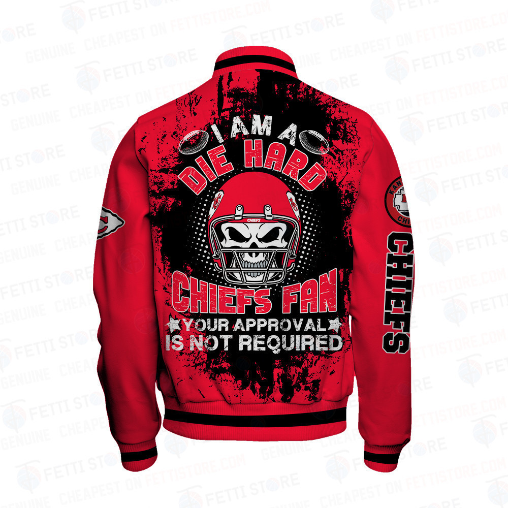 Kansas City Chiefs Skull Helmet Halloween Pattern Varsity Jacket - Famjoys Kansas City Chiefs Skull Helmet Halloween Pattern Varsity Jacket - Famjoys