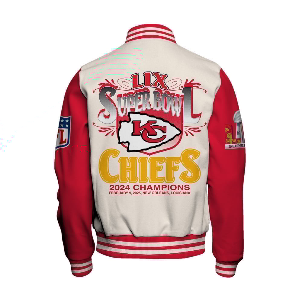 Kansas City Chiefs Super Bowl LIX Celebrate The Victory Varsity Jacket - Famjoys Kansas City Chiefs Super Bowl LIX Celebrate The Victory Varsity Jacket - Famjoys