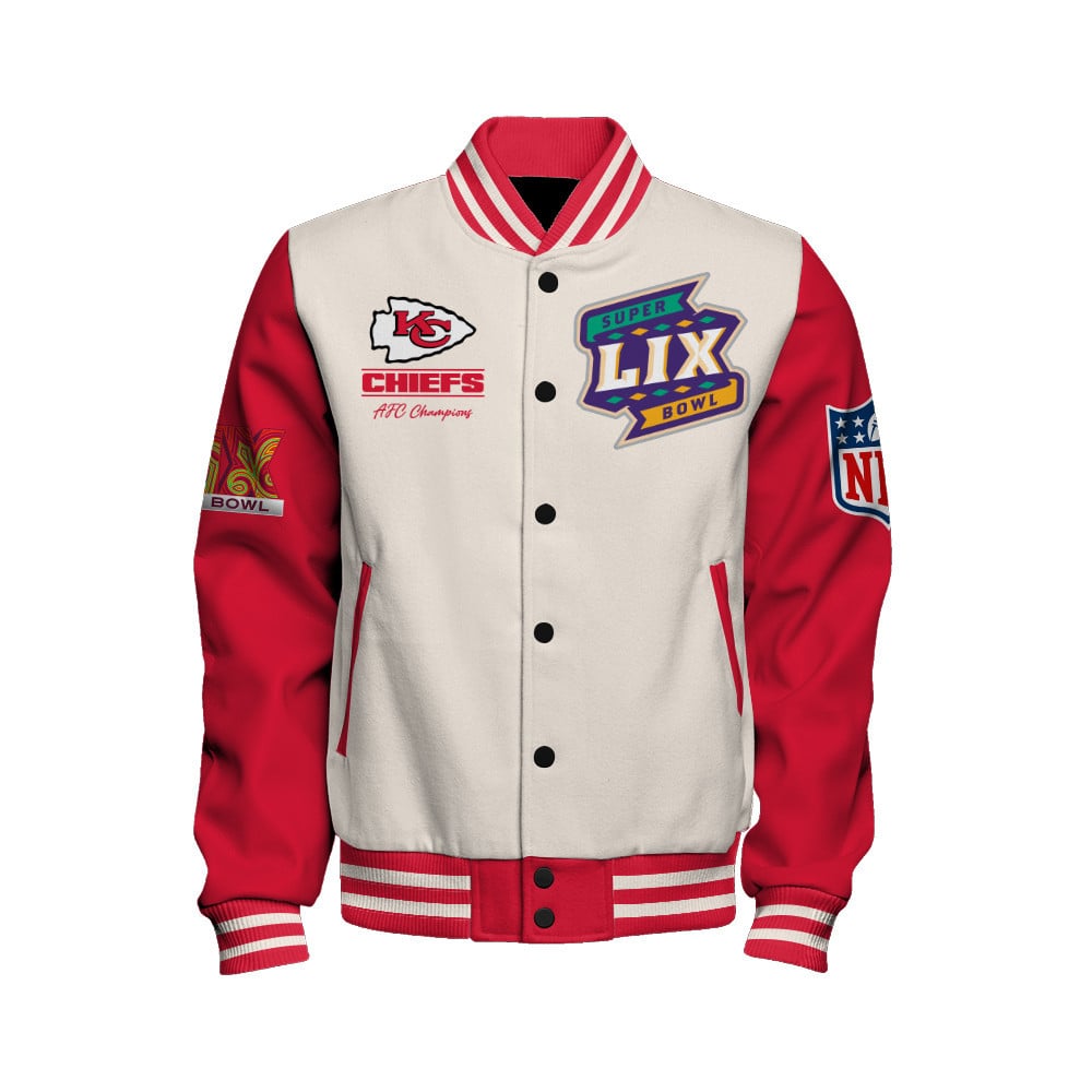 Kansas City Chiefs Super Bowl LIX Celebrate The Victory Varsity Jacket - Famjoys Kansas City Chiefs Super Bowl LIX Celebrate The Victory Varsity Jacket - Famjoys