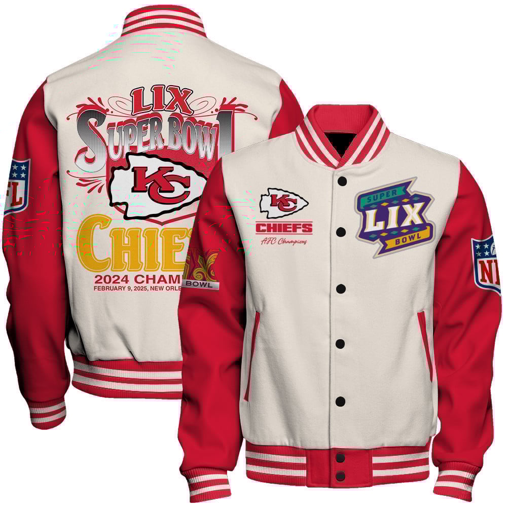 Kansas City Chiefs Super Bowl LIX Celebrate The Victory Varsity Jacket - Famjoys Kansas City Chiefs Super Bowl LIX Celebrate The Victory Varsity Jacket - Famjoys