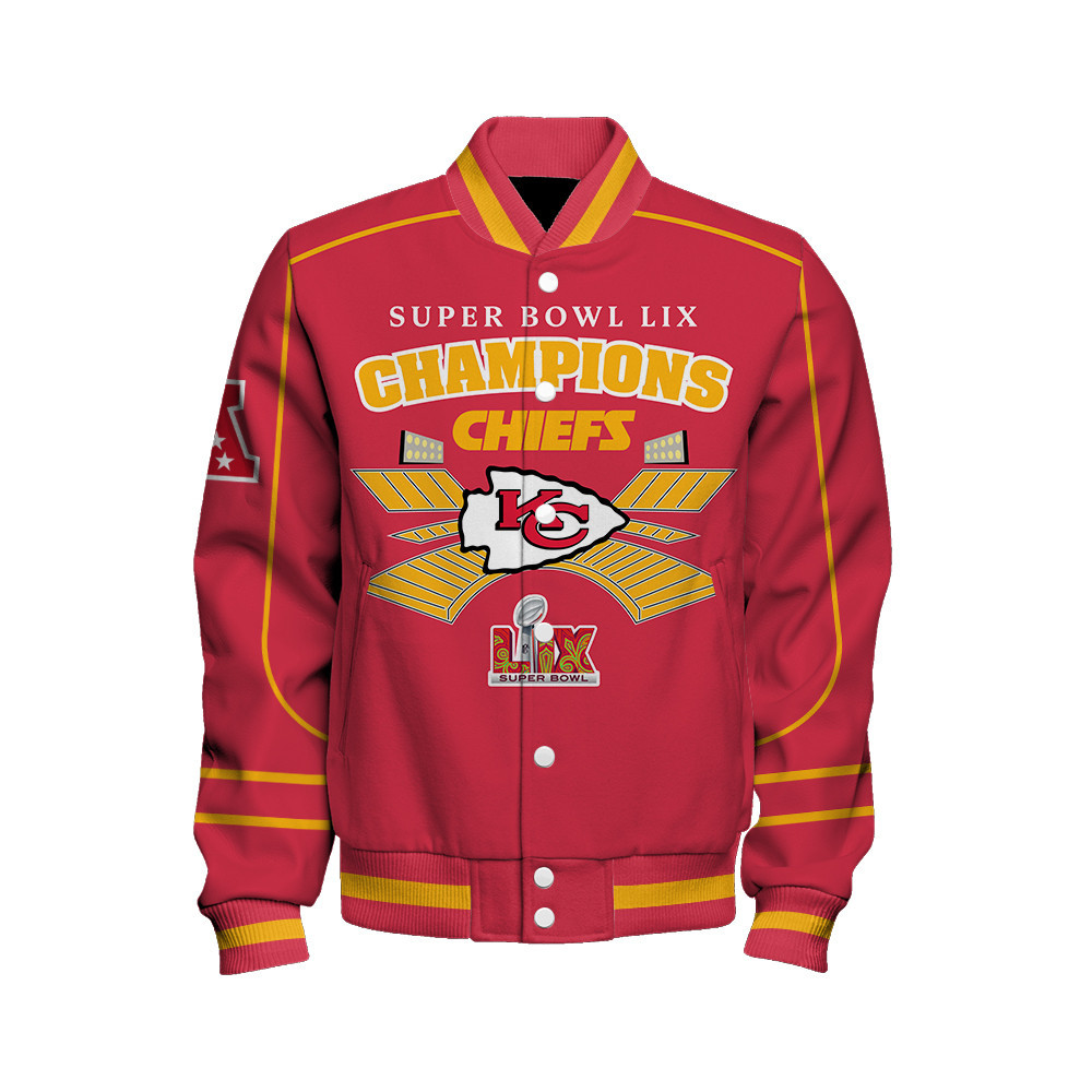 Kansas City Chiefs Super Bowl LIX The New King Varsity Jacket - Famjoys Kansas City Chiefs Super Bowl LIX The New King Varsity Jacket - Famjoys