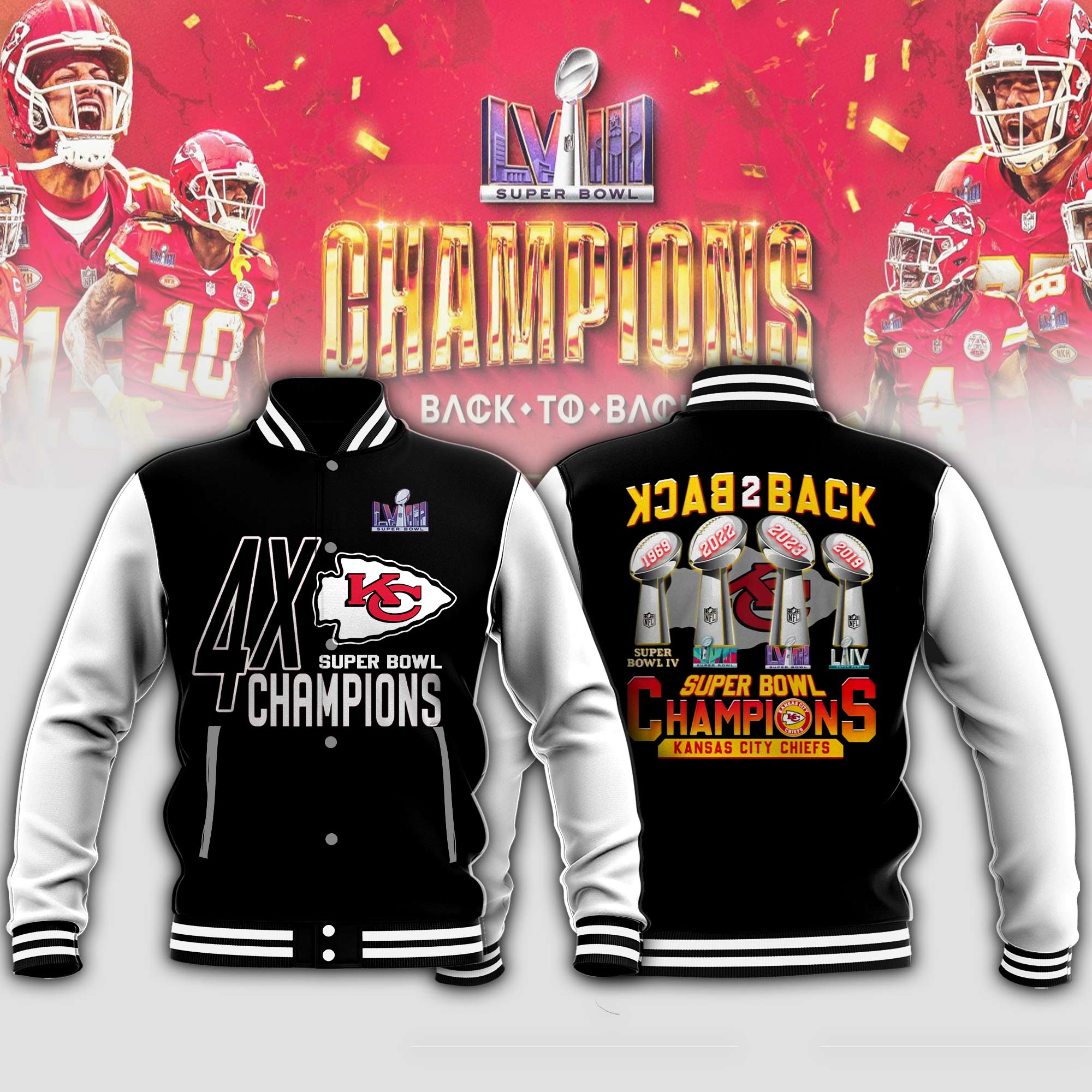 Kansas City Chiefs Super Bowl LVIII Champions Baseball Jacket - Famjoys Kansas City Chiefs Super Bowl LVIII Champions Baseball Jacket - Famjoys