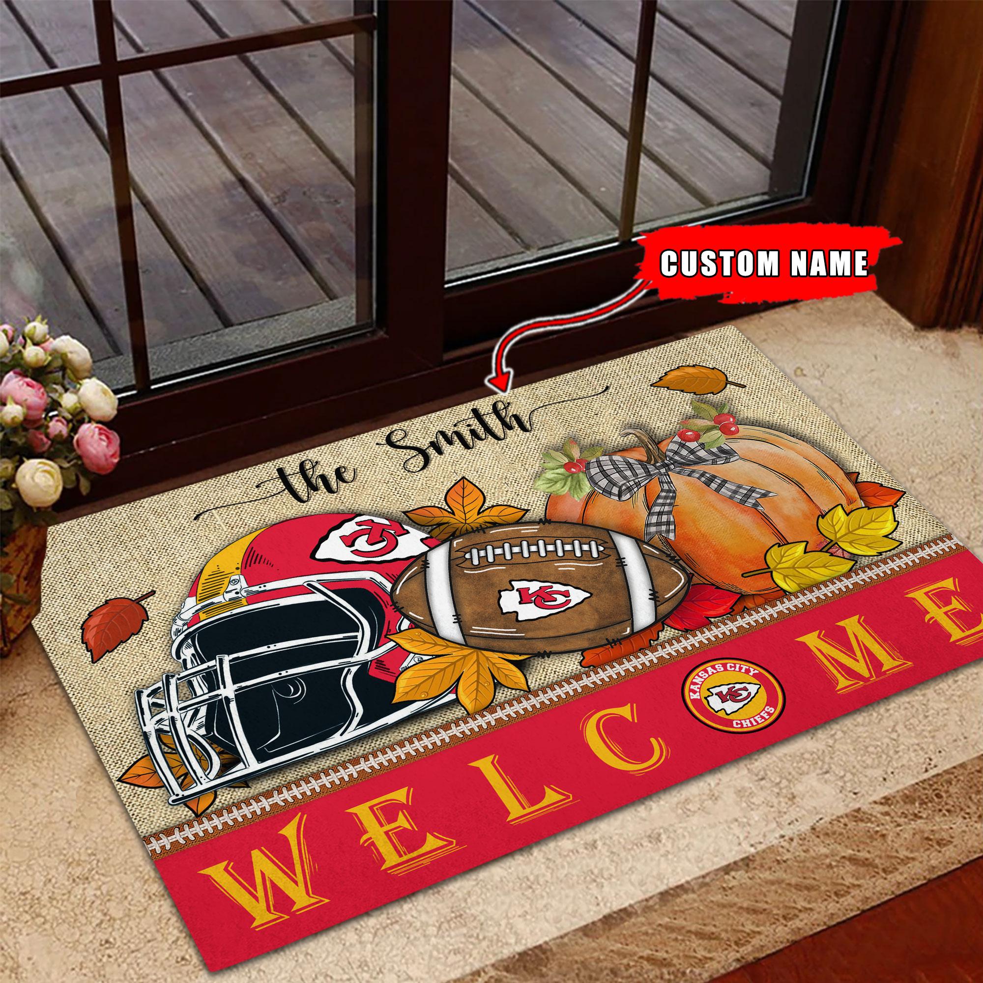 Kansas City Chiefs Welcome Fall Football Doormat - Famjoys Kansas City Chiefs Welcome Fall Football Doormat - Famjoys