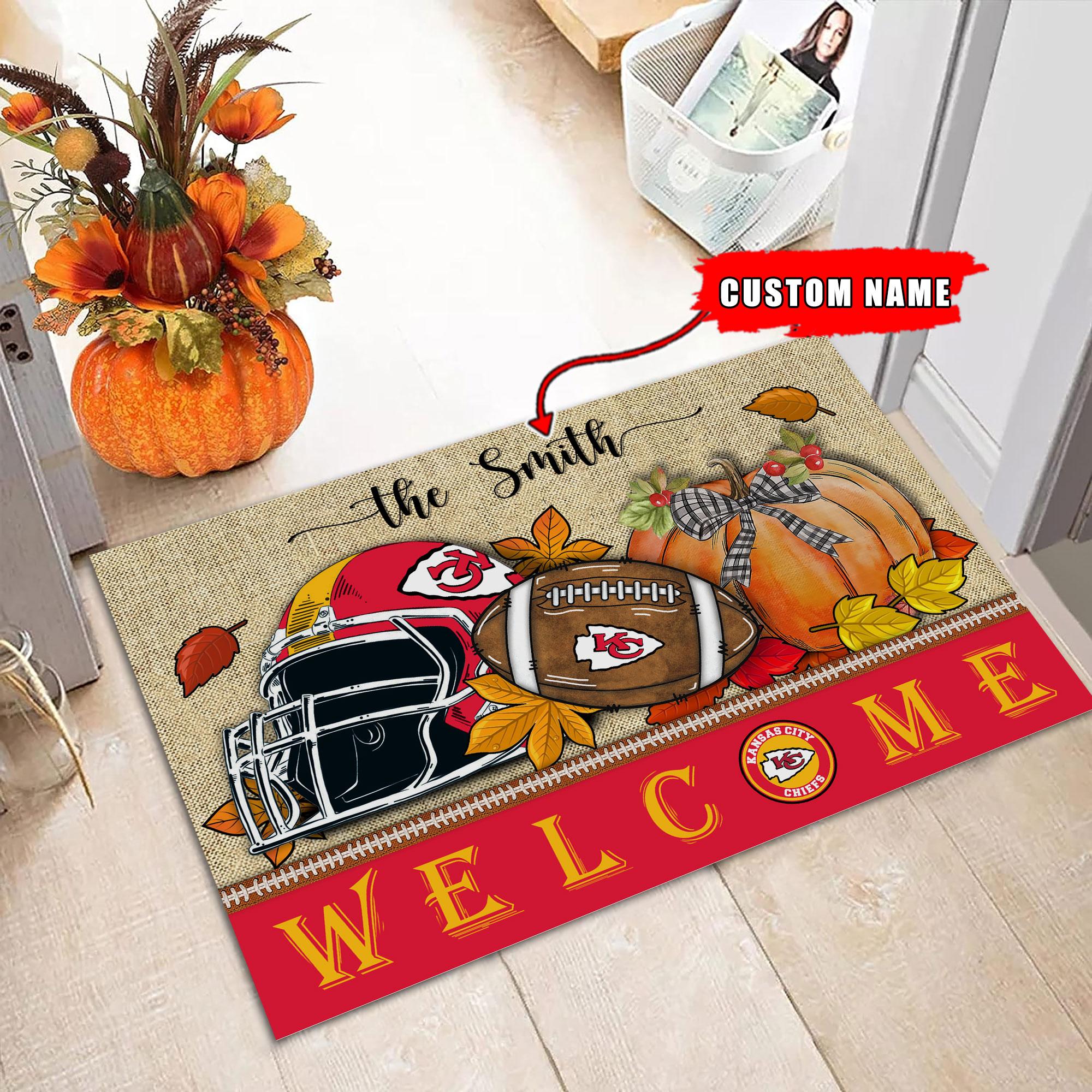 Kansas City Chiefs Welcome Fall Football Doormat - Famjoys Kansas City Chiefs Welcome Fall Football Doormat - Famjoys