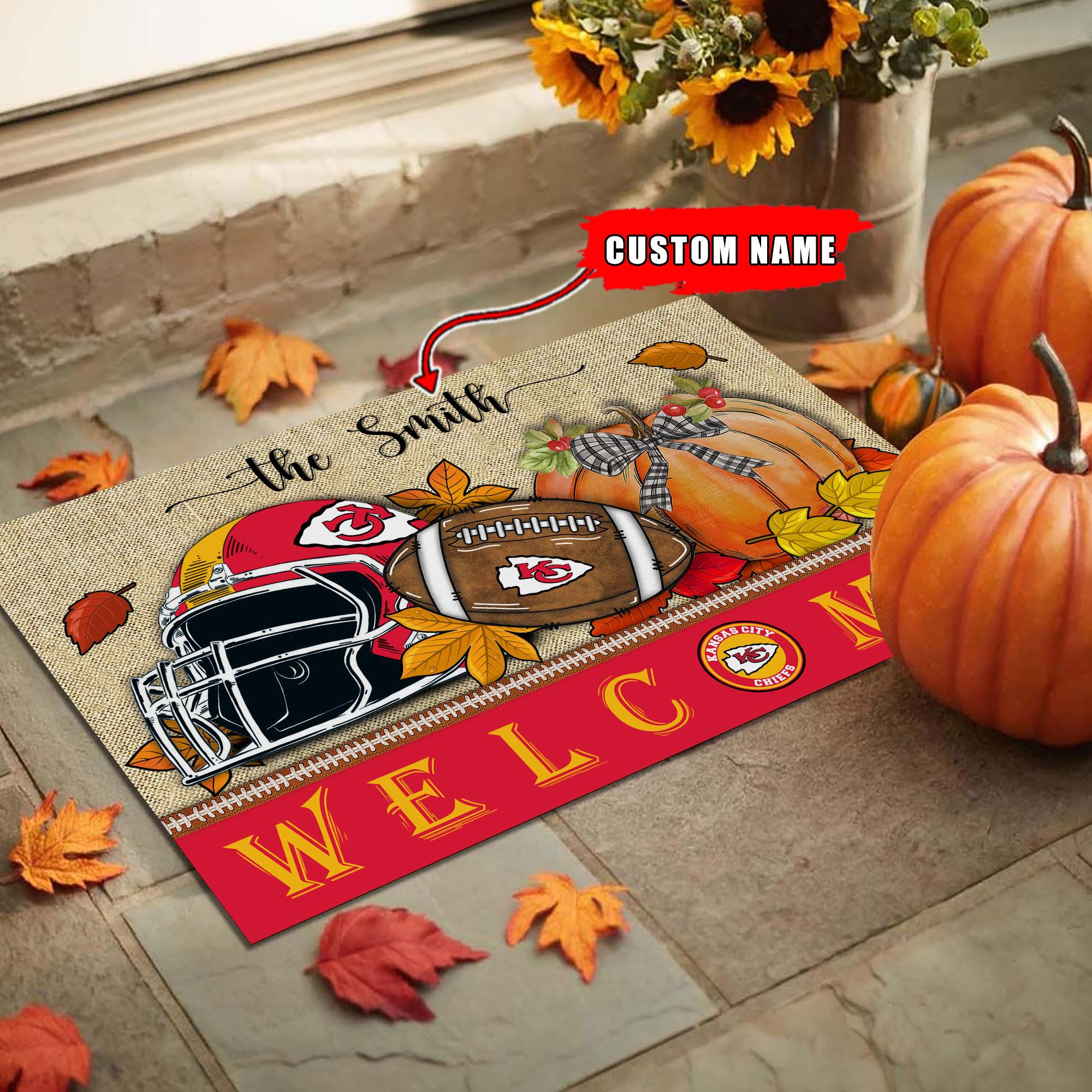 Kansas City Chiefs Welcome Fall Football Doormat - Famjoys Kansas City Chiefs Welcome Fall Football Doormat - Famjoys