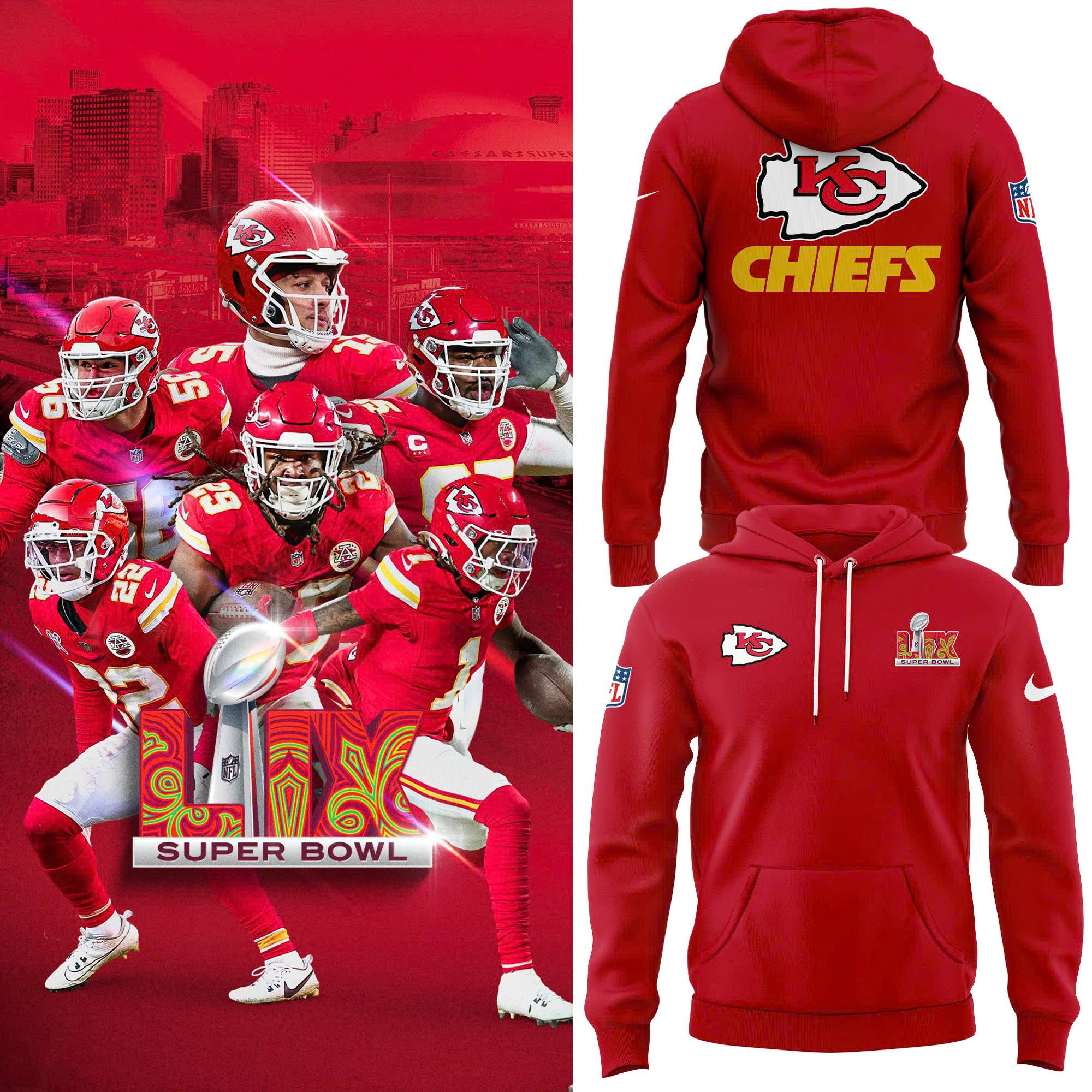 Kansas City Chiefs x Opening Night Super Bowl LIX Hoodie - Famjoys Kansas City Chiefs x Opening Night Super Bowl LIX Hoodie - Famjoys