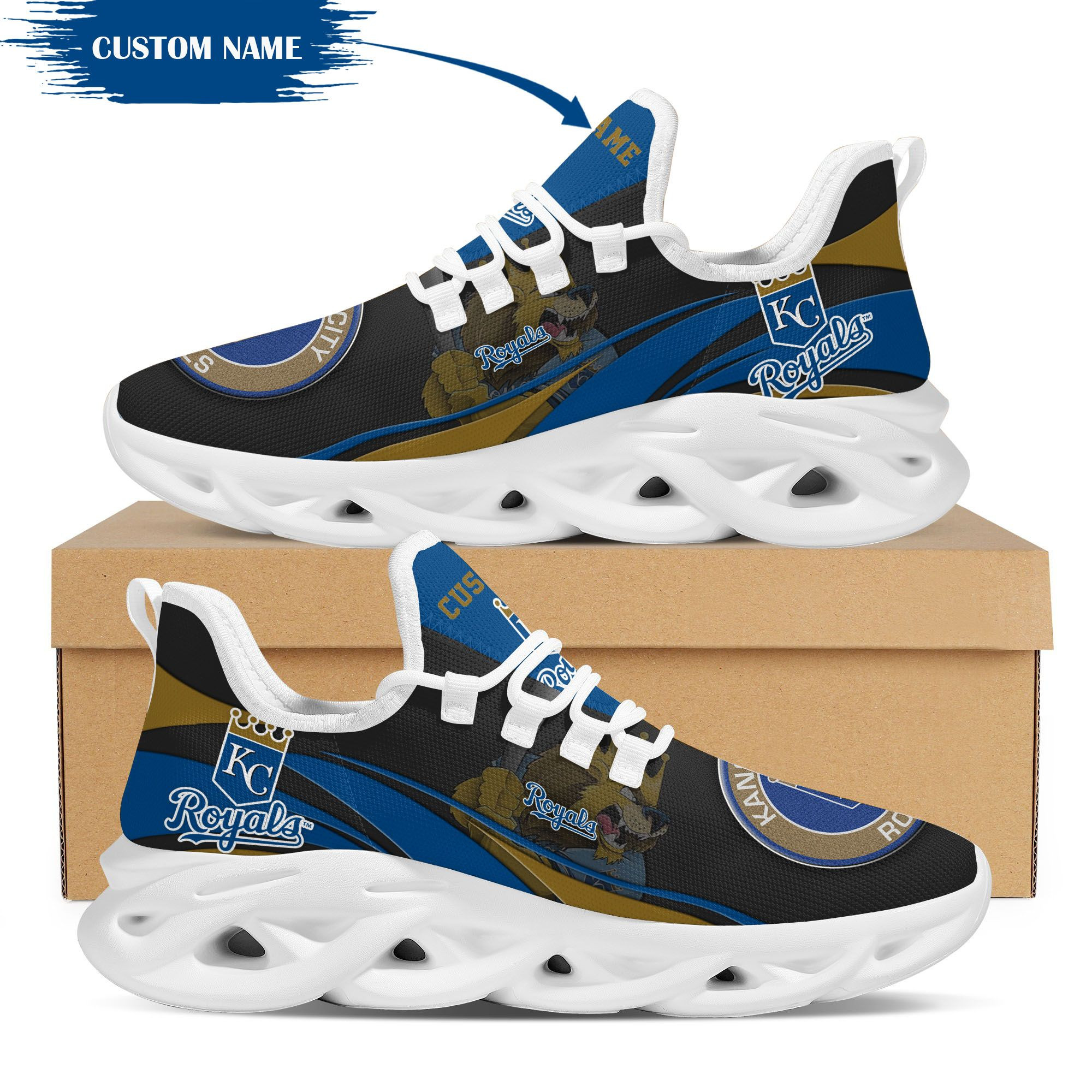 Kansas City Royals Mascot Custom Name Personalized Max Soul Sneakers - Famjoys Kansas City Royals Mascot Custom Name Personalized Max Soul Sneakers - Famjoys