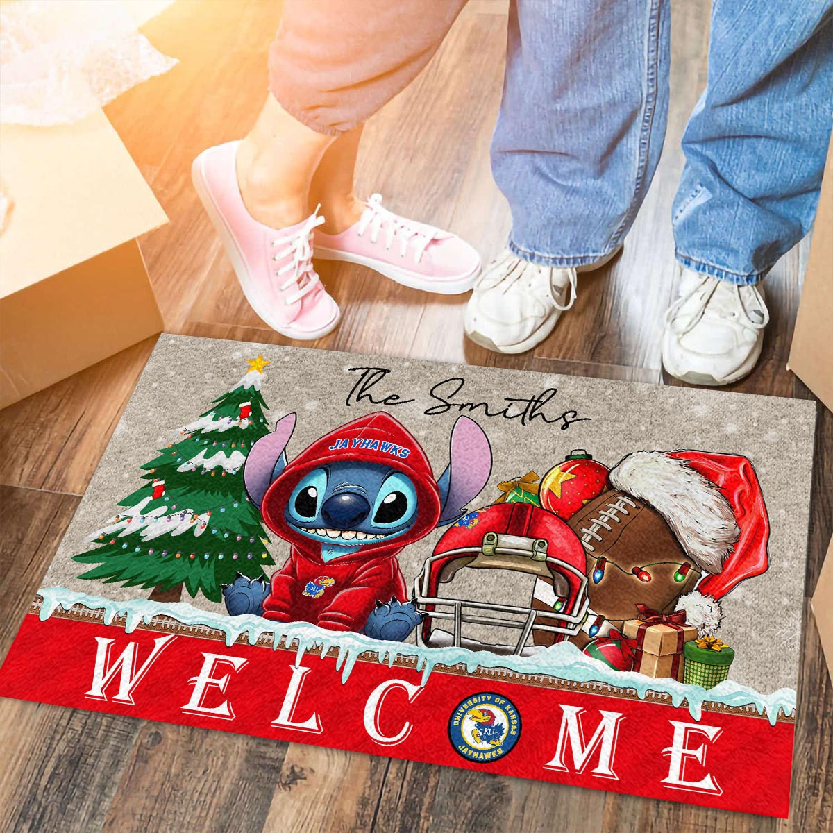 Kansas Jayhawks Cute Stitch Christmas Doormat - Famjoys Kansas Jayhawks Cute Stitch Christmas Doormat - Famjoys