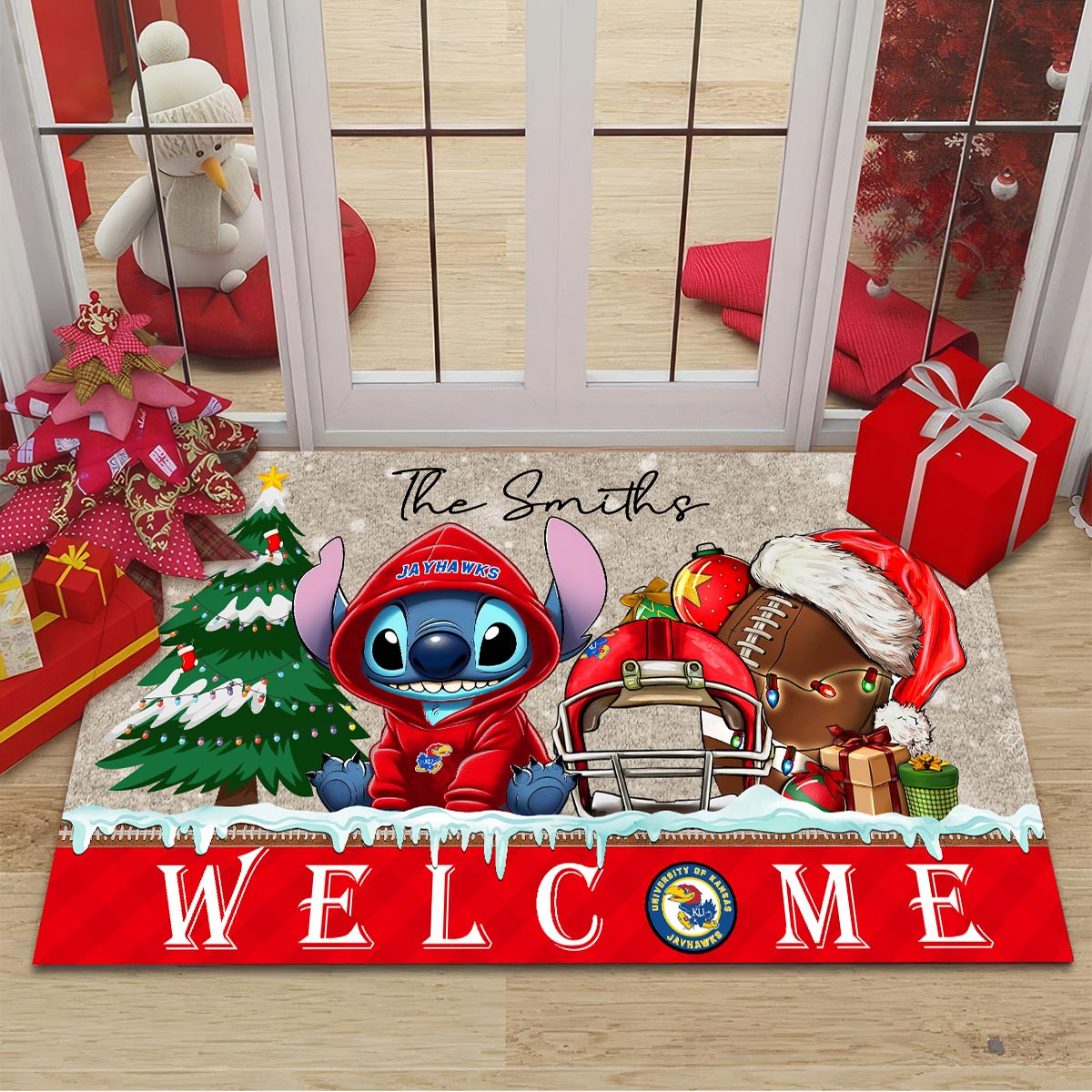 Kansas Jayhawks Cute Stitch Christmas Doormat - Famjoys Kansas Jayhawks Cute Stitch Christmas Doormat - Famjoys