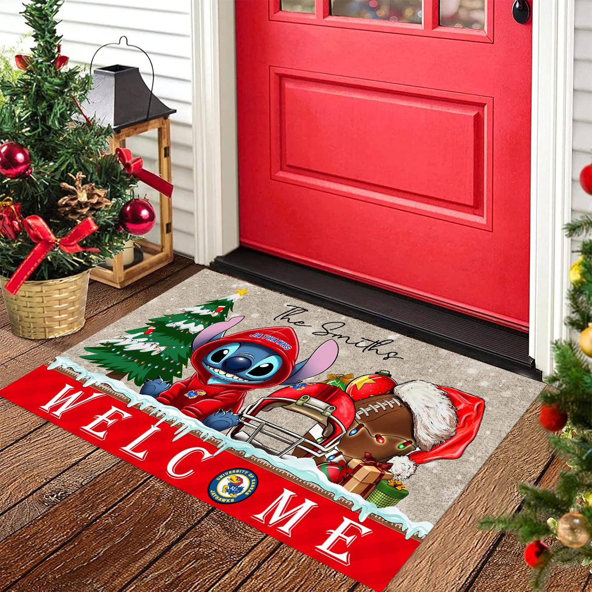 Kansas Jayhawks Cute Stitch Christmas Doormat - Famjoys Kansas Jayhawks Cute Stitch Christmas Doormat - Famjoys