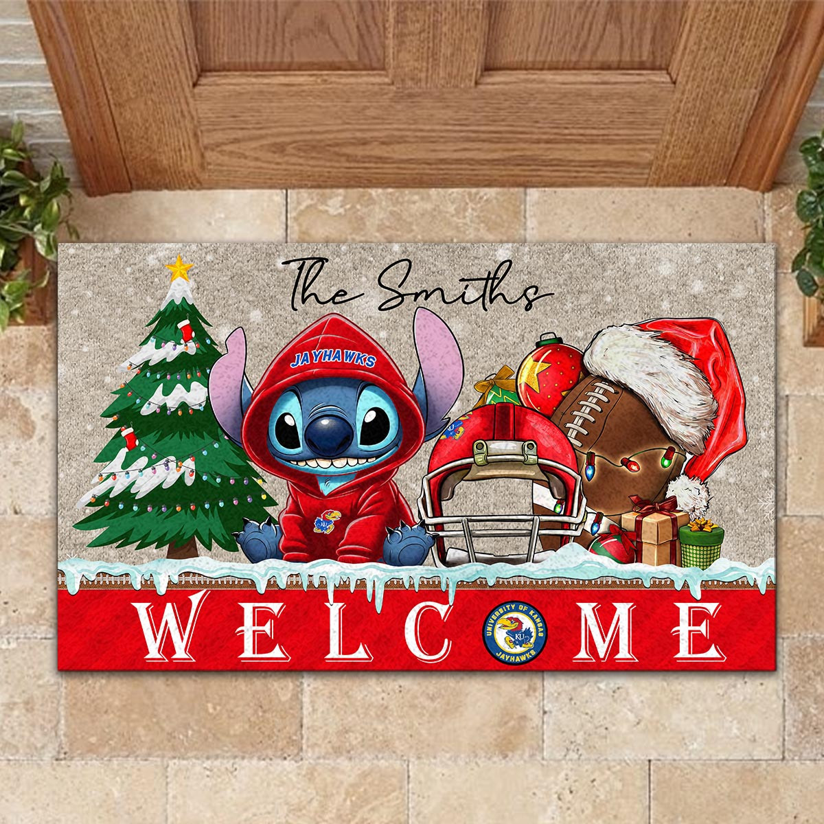 Kansas Jayhawks Cute Stitch Christmas Doormat - Famjoys Kansas Jayhawks Cute Stitch Christmas Doormat - Famjoys
