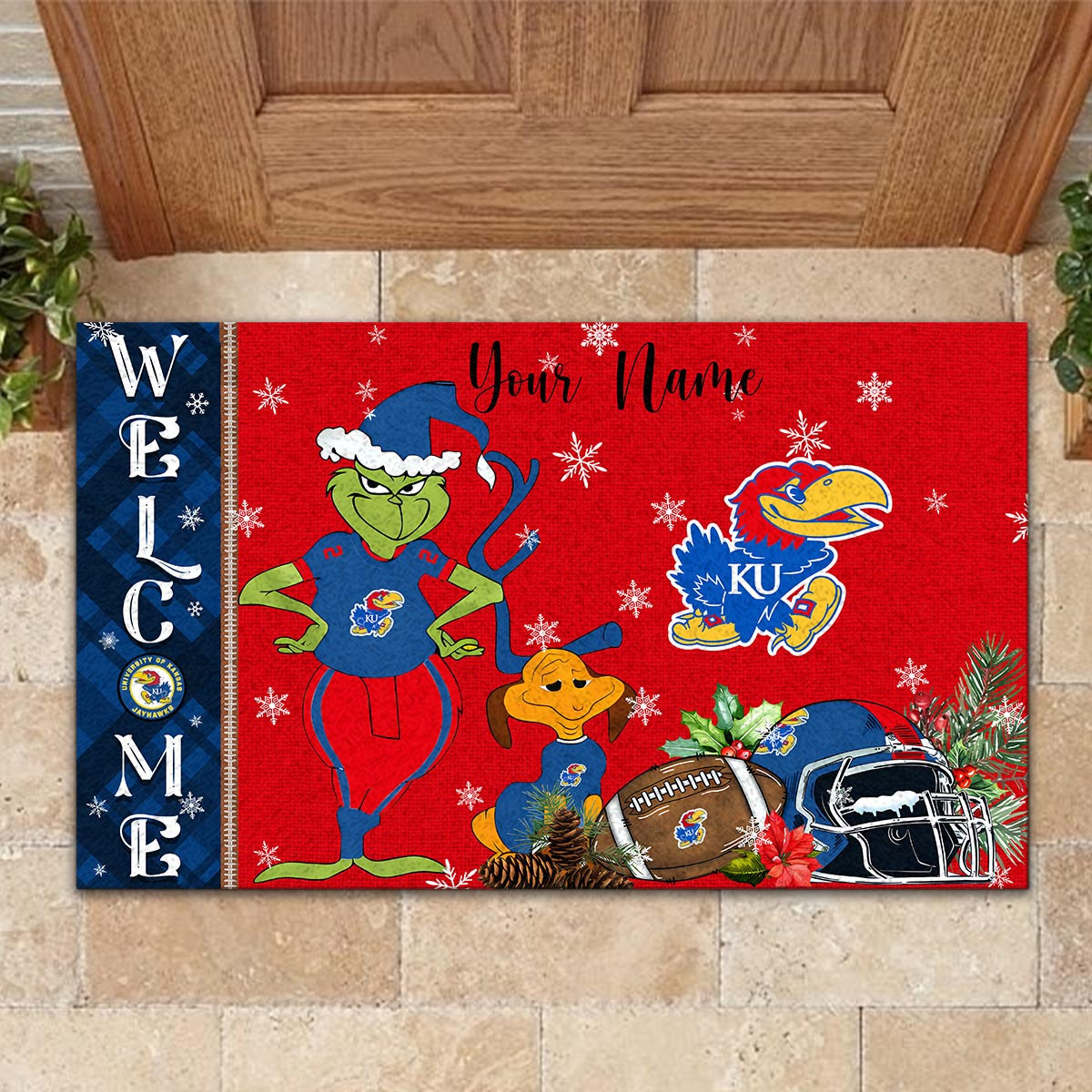 Kansas Jayhawks Grinch Christmas Welcome Football Doormat - Famjoys Kansas Jayhawks Grinch Christmas Welcome Football Doormat - Famjoys