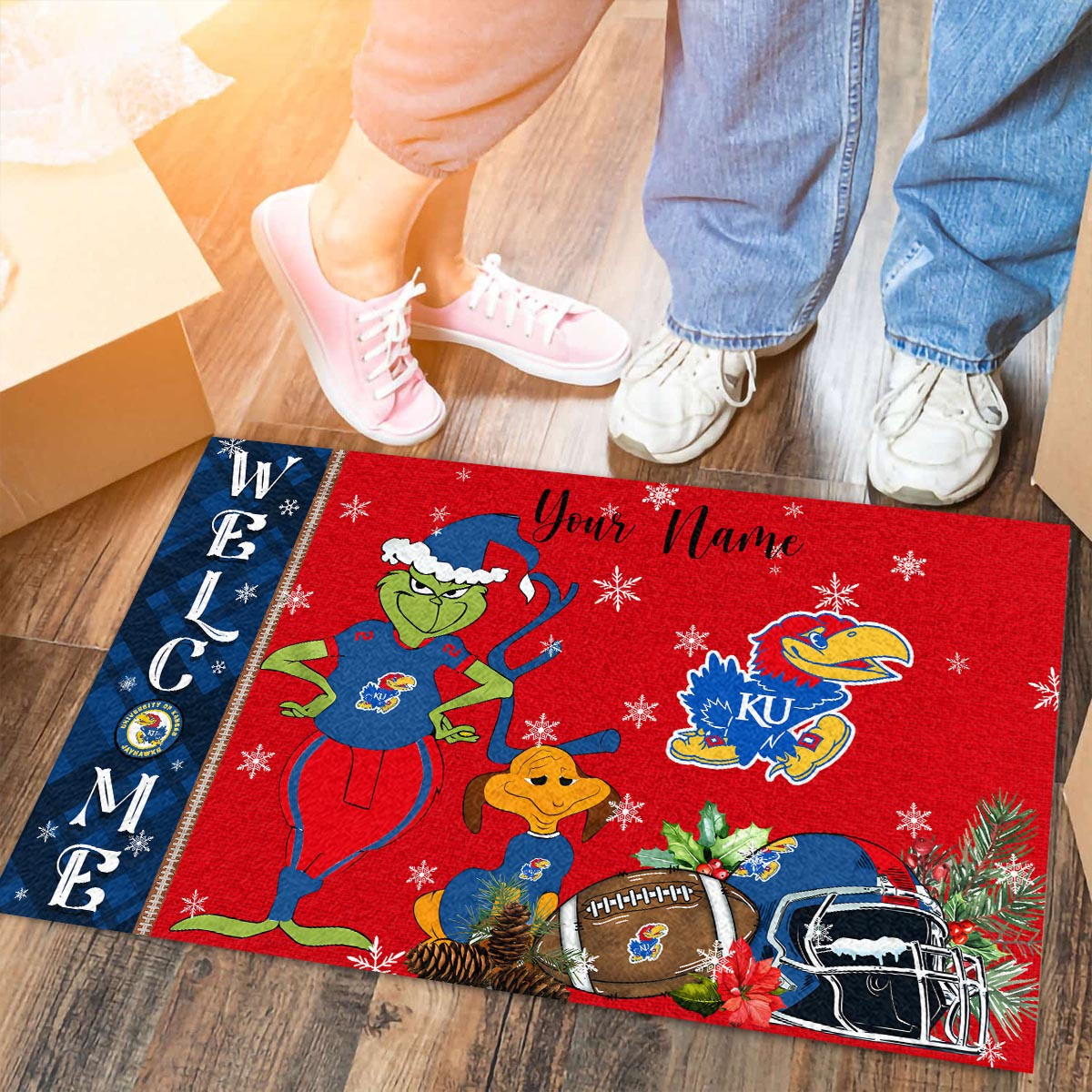 Kansas Jayhawks Grinch Christmas Welcome Football Doormat - Famjoys Kansas Jayhawks Grinch Christmas Welcome Football Doormat - Famjoys