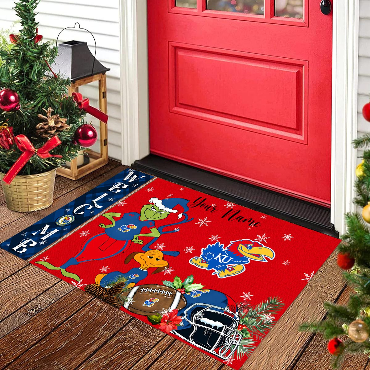 Kansas Jayhawks Grinch Christmas Welcome Football Doormat - Famjoys Kansas Jayhawks Grinch Christmas Welcome Football Doormat - Famjoys
