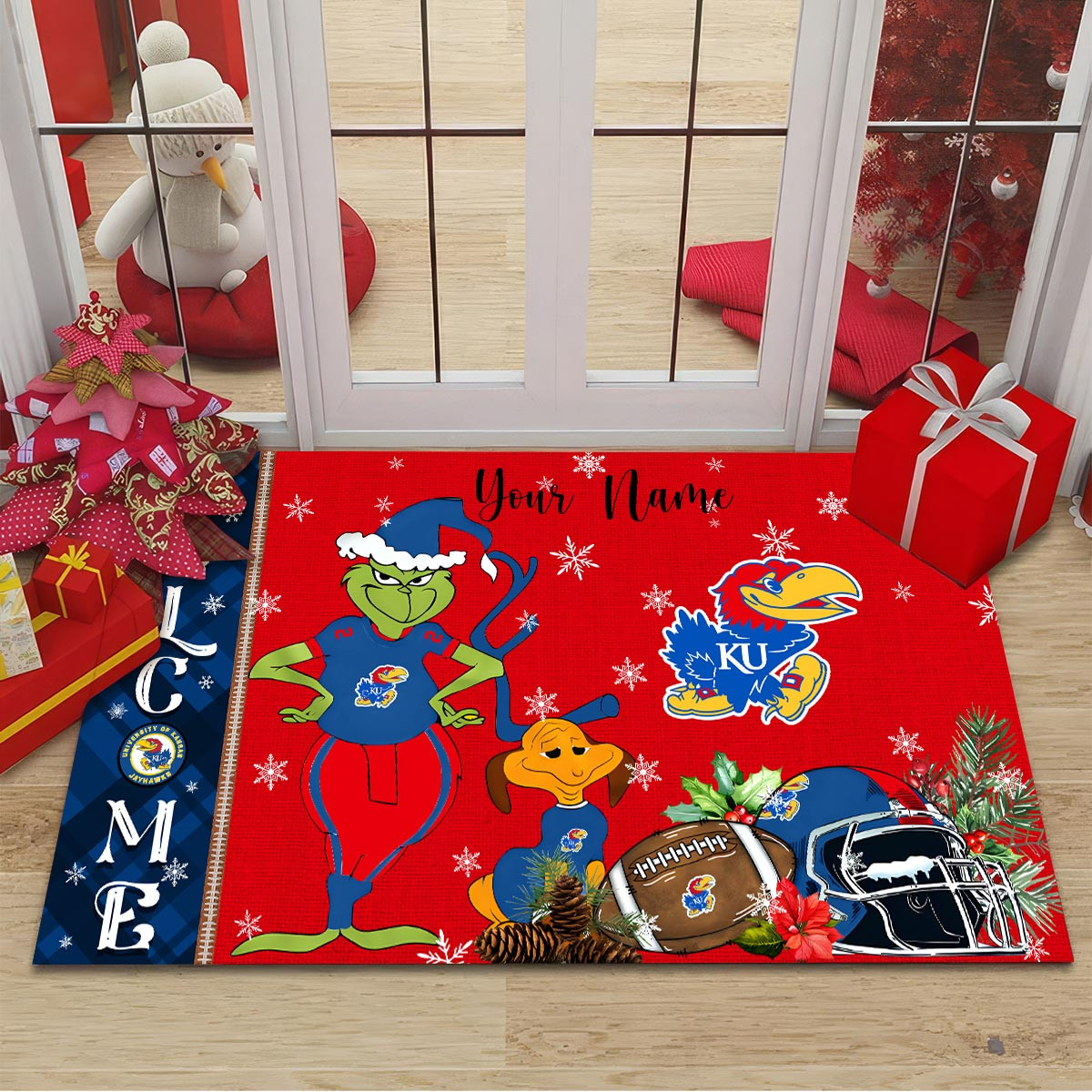 Kansas Jayhawks Grinch Christmas Welcome Football Doormat - Famjoys Kansas Jayhawks Grinch Christmas Welcome Football Doormat - Famjoys