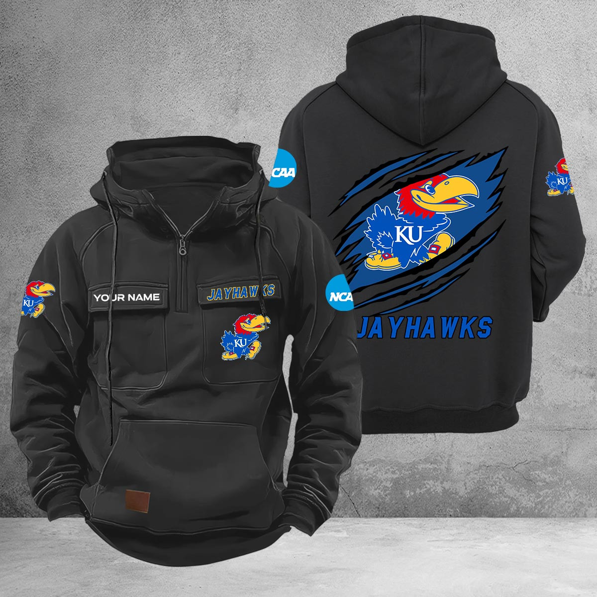 Kansas Jayhawks Multi-Pockets Zip-Up Hoodie - Famjoys Kansas Jayhawks Multi-Pockets Zip-Up Hoodie - Famjoys