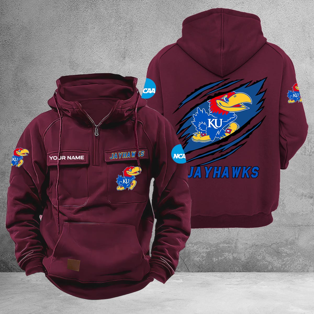 Kansas Jayhawks Multi-Pockets Zip-Up Hoodie - Famjoys Kansas Jayhawks Multi-Pockets Zip-Up Hoodie - Famjoys