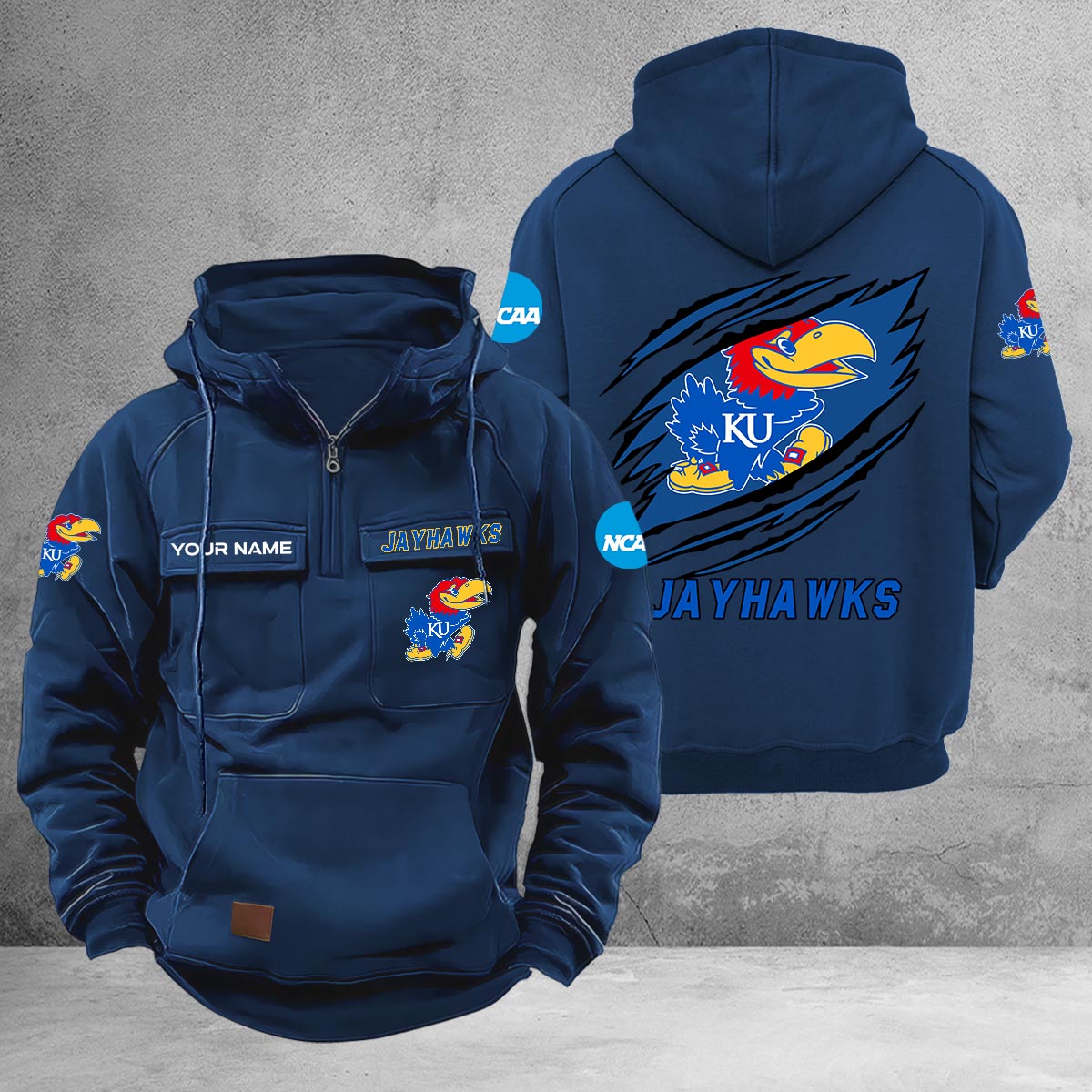 Kansas Jayhawks Multi-Pockets Zip-Up Hoodie - Famjoys Kansas Jayhawks Multi-Pockets Zip-Up Hoodie - Famjoys