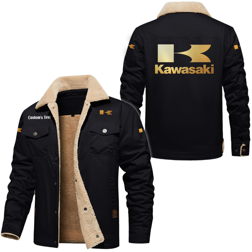 Kawasaki Heavy Industries Golden Logo Cargo Fleece Lined Cotton Jacket Multicolor, vintage style, customize name 