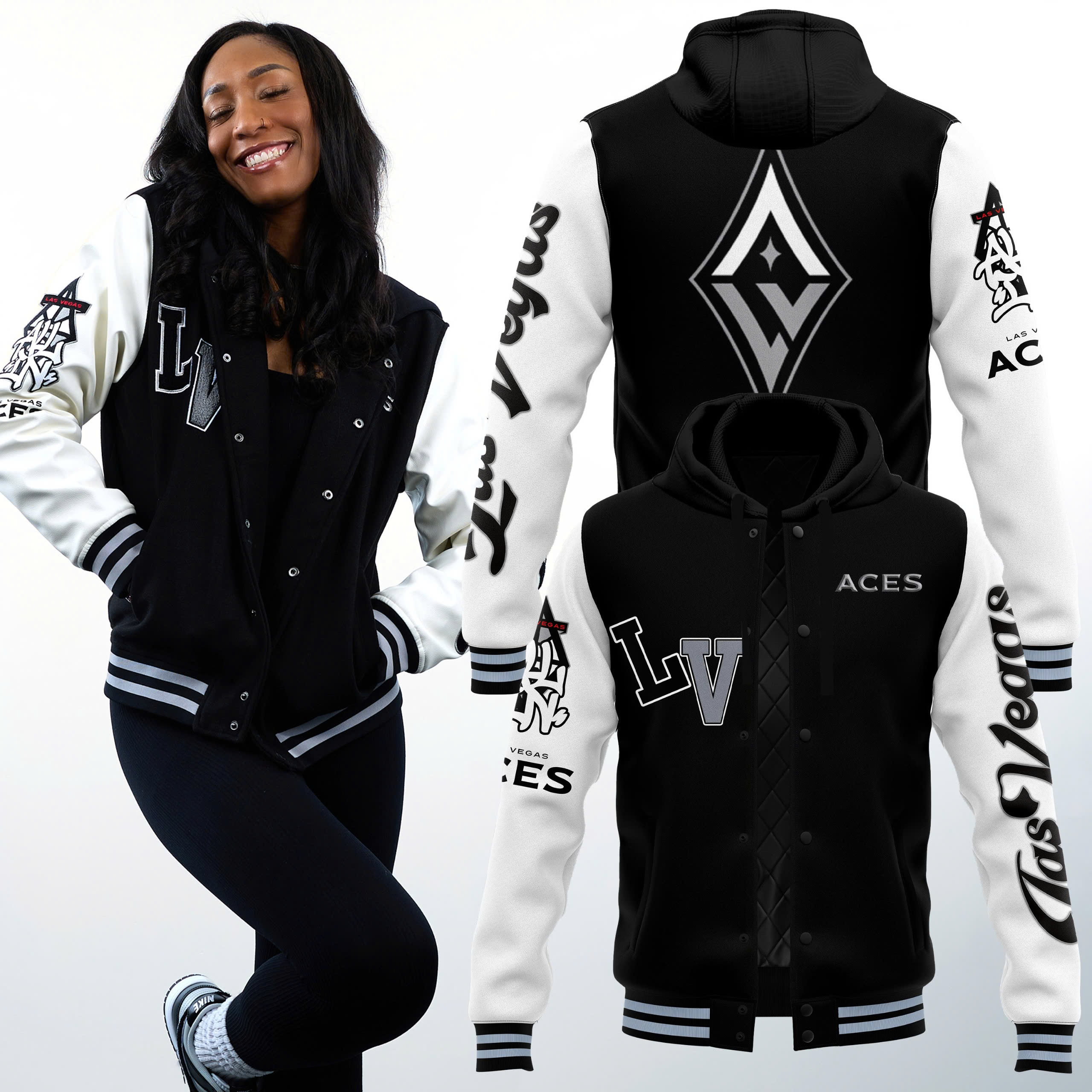 Las Vegas Aces Hooded Letterman Jacket - Famjoys Las Vegas Aces Hooded Letterman Jacket - Famjoys