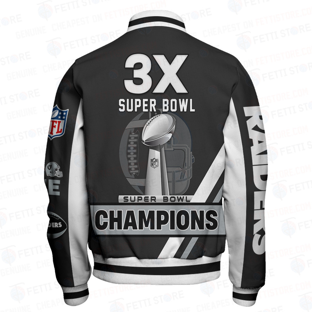 Las Vegas Raiders 3X Super Bowl Champions Design Varsity Jacket - Famjoys Las Vegas Raiders 3X Super Bowl Champions Design Varsity Jacket - Famjoys
