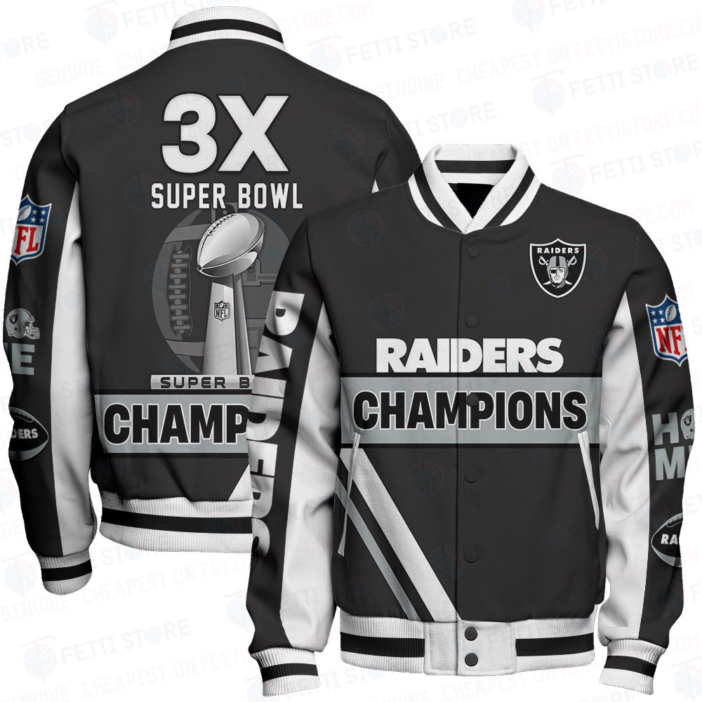 Las Vegas Raiders 3X Super Bowl Champions Design Varsity Jacket - Famjoys Las Vegas Raiders 3X Super Bowl Champions Design Varsity Jacket - Famjoys