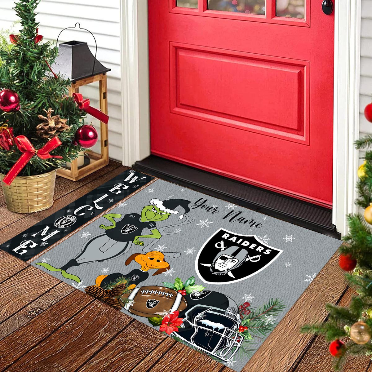 Las Vegas Raiders Grinch Christmas Welcome Football Doormat - Famjoys Las Vegas Raiders Grinch Christmas Welcome Football Doormat - Famjoys