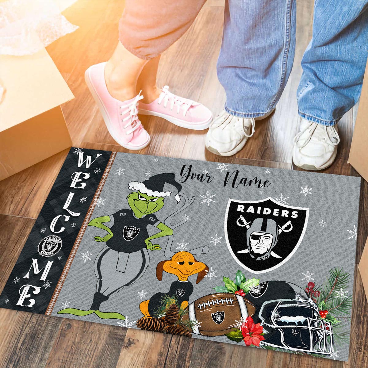Las Vegas Raiders Grinch Christmas Welcome Football Doormat - Famjoys Las Vegas Raiders Grinch Christmas Welcome Football Doormat - Famjoys